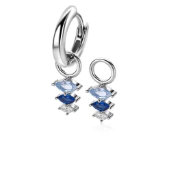 13mm ZINZI zilveren oorbedels met drie peervormige zettingen in aflopende grootte, bezet met blauwe en witte kleurstenen ZICH2631B (zonder oorringen)