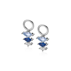 13mm ZINZI zilveren oorbedels met drie peervormige zettingen in aflopende grootte, bezet met blauwe en witte kleurstenen ZICH2631B (zonder oorringen)