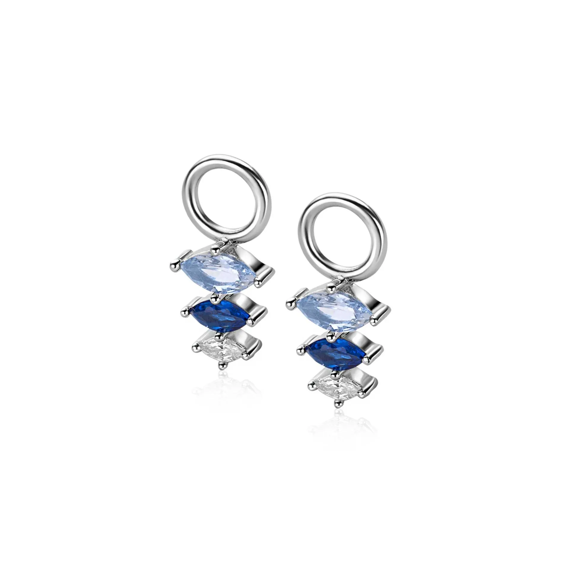13mm ZINZI zilveren oorbedels met drie peervormige zettingen in aflopende grootte, bezet met blauwe en witte kleurstenen ZICH2631B (zonder oorringen)