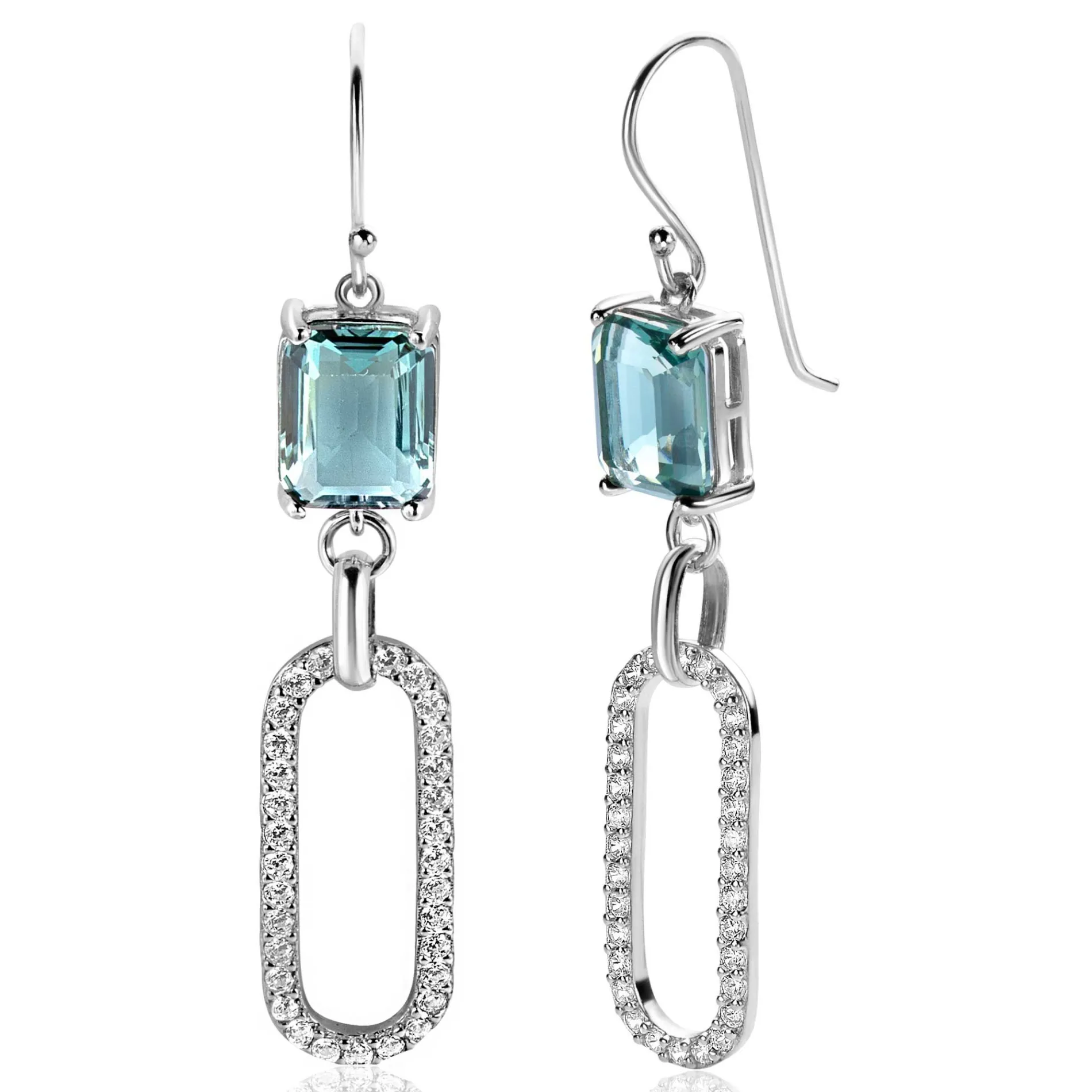 58mm ZINZI zilveren oorhangers met schitterende ovale schakel, bezet met witte zirconia's en groenachtig blauwe (petrol) kleursteen in vierpootszetting ZIO2487L