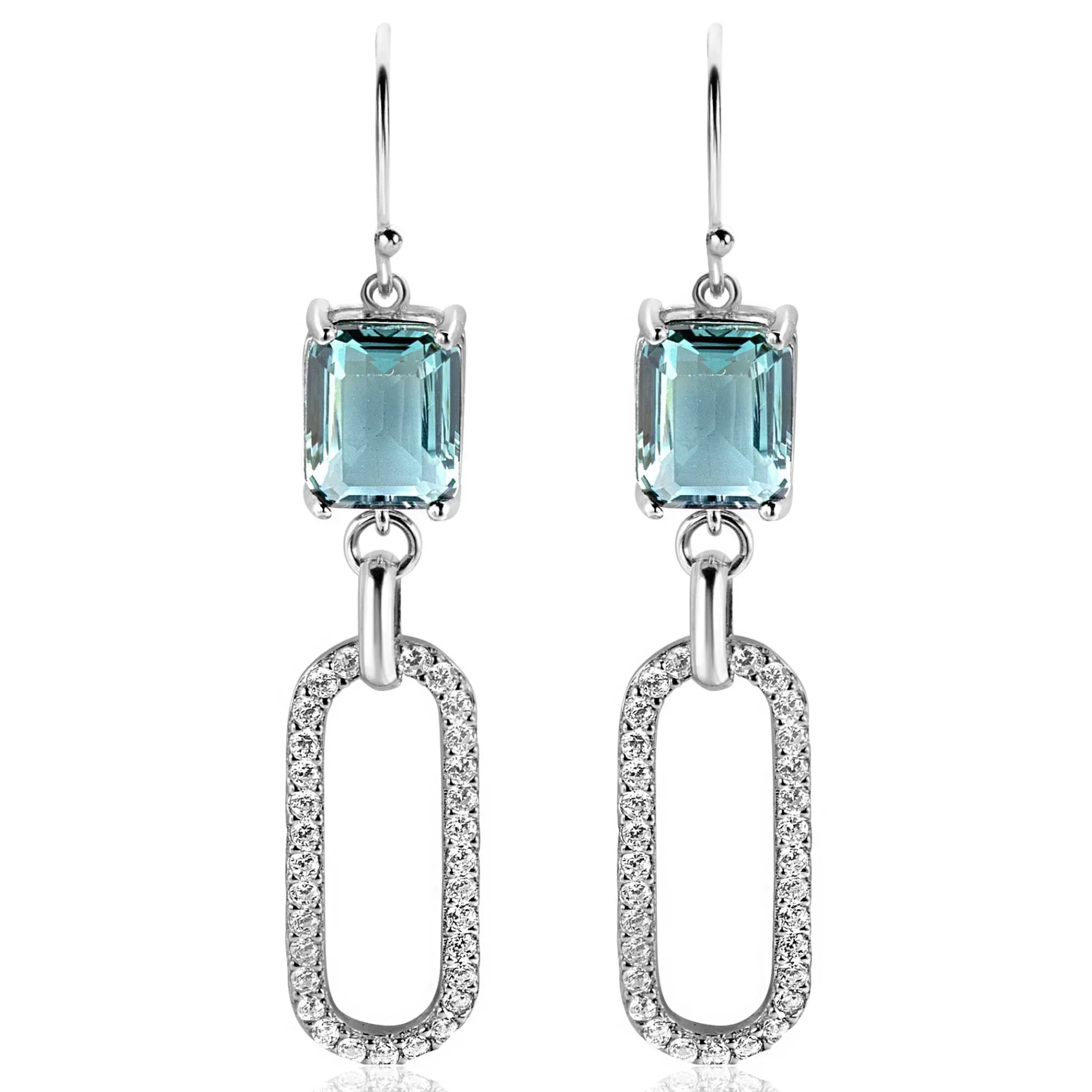 58mm ZINZI zilveren oorhangers met schitterende ovale schakel, bezet met witte zirconia's en groenachtig blauwe (petrol) kleursteen in vierpootszetting ZIO2487L