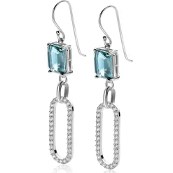 58mm ZINZI zilveren oorhangers met schitterende ovale schakel, bezet met witte zirconia's en groenachtig blauwe (petrol) kleursteen in vierpootszetting ZIO2487L