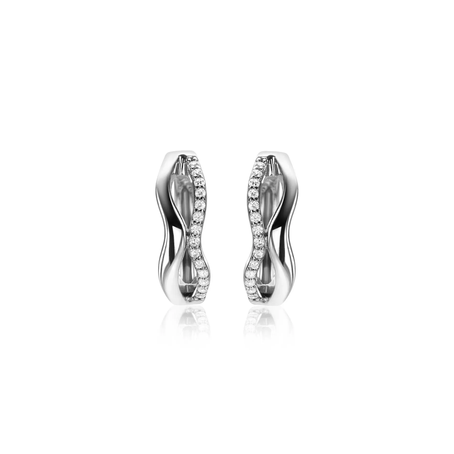 15mm ZINZI zilveren oorringen organisch gevormd met twee golvende banen, waarvan één bezet met witte zirconia's, met luxe klapsluiting ZIO2629