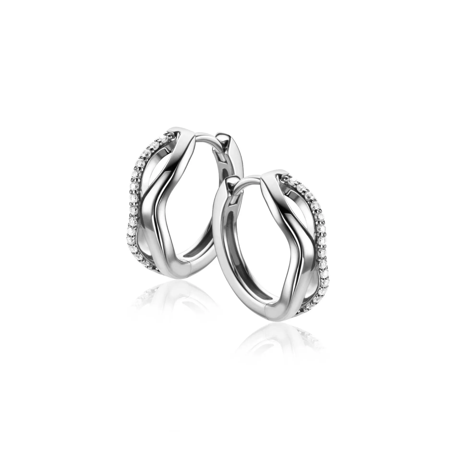 15mm ZINZI zilveren oorringen organisch gevormd met twee golvende banen, waarvan één bezet met witte zirconia's, met luxe klapsluiting ZIO2629