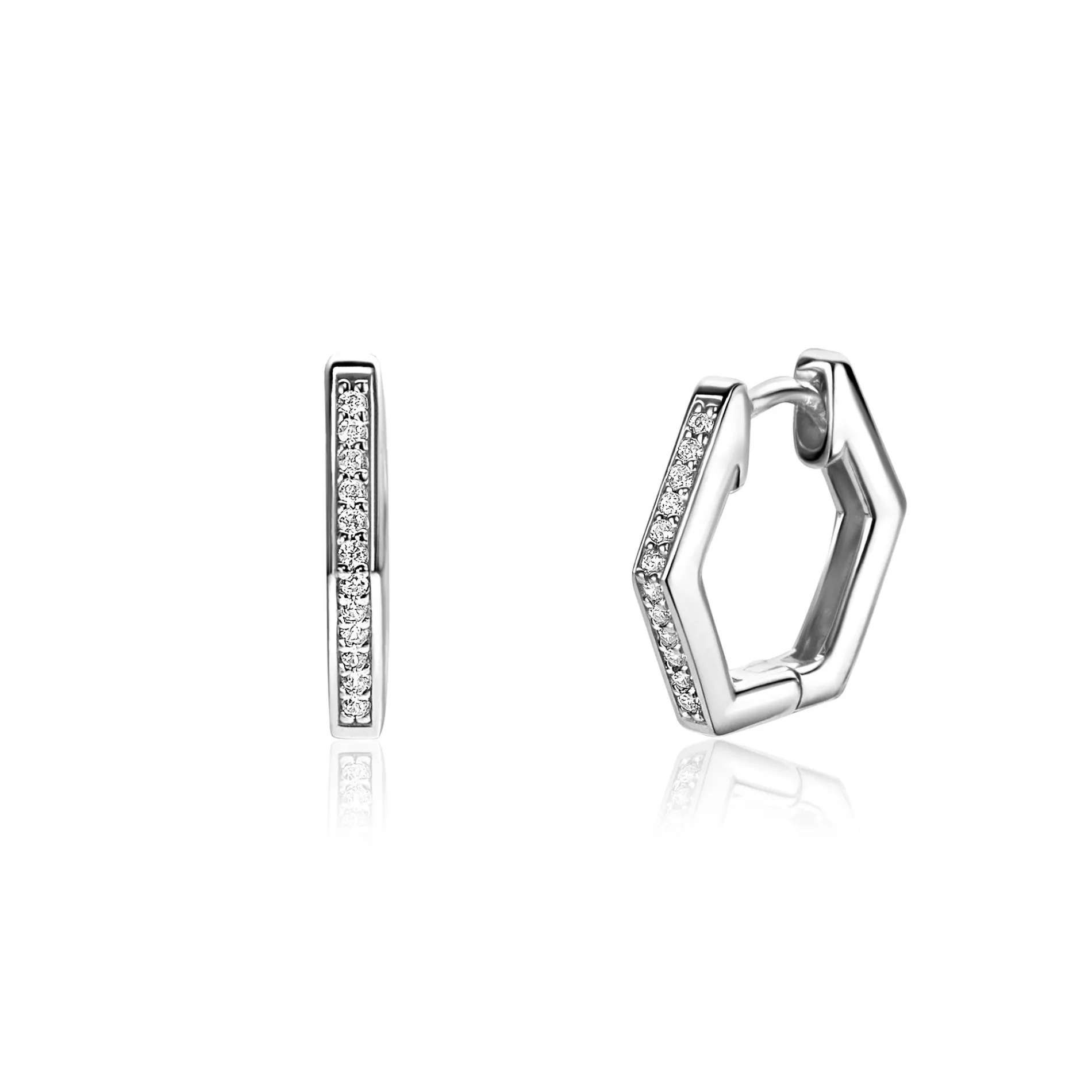 15mm ZINZI zilveren oorringen in leuke hexagon vorm bezet met witte zirconia's, met luxe klapsluiting 15x2mm ZIO2433