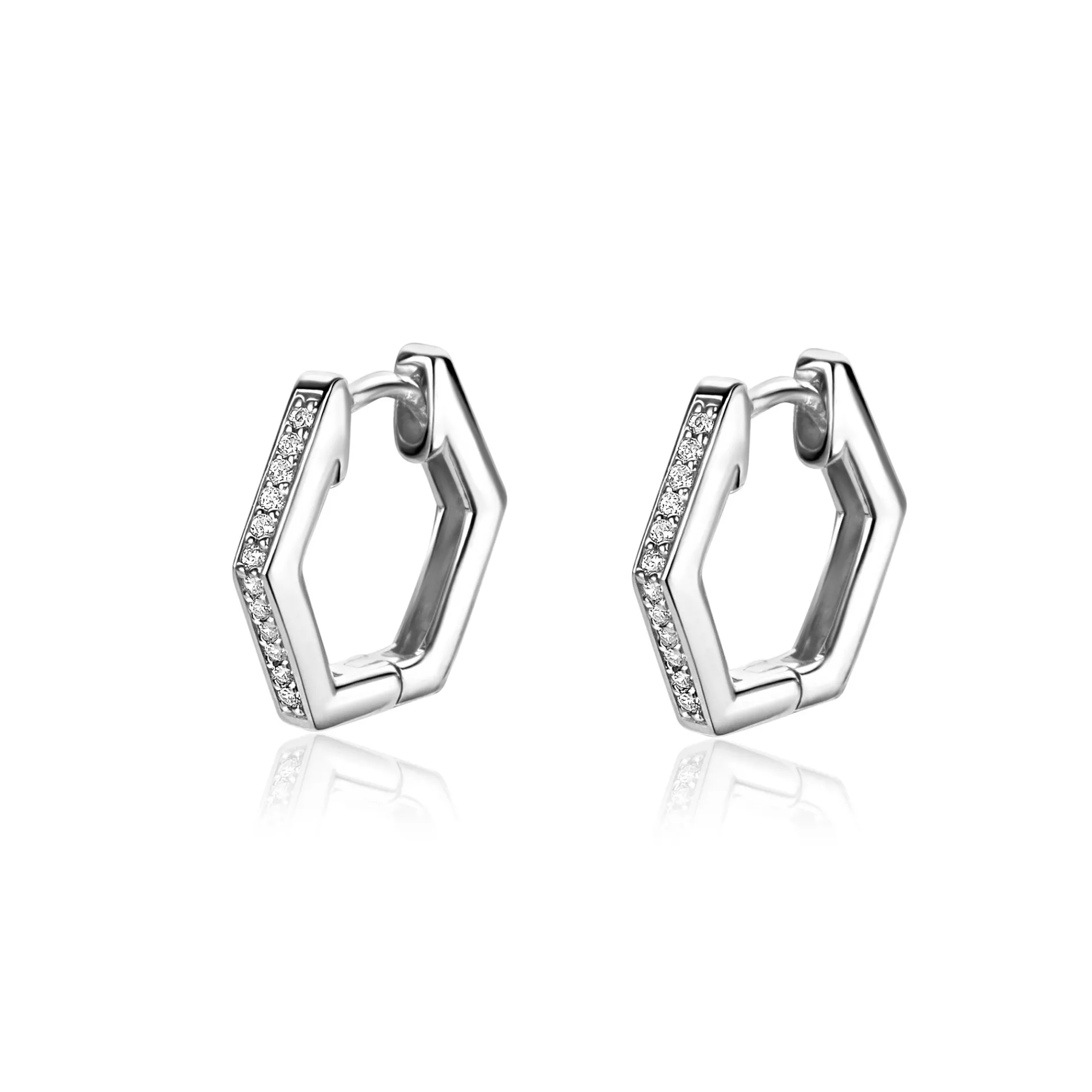 15mm ZINZI zilveren oorringen in leuke hexagon vorm bezet met witte zirconia's, met luxe klapsluiting 15x2mm ZIO2433