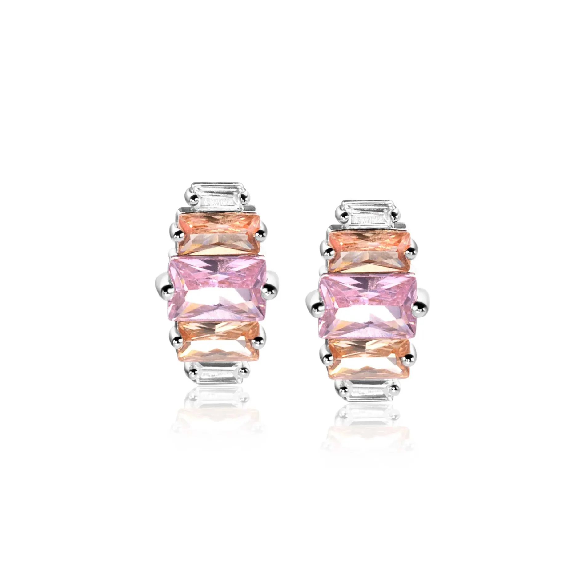 13mm ZINZI zilveren oorstekers baguette geslepen zirconia's wit, champagne en roze ZIO2490