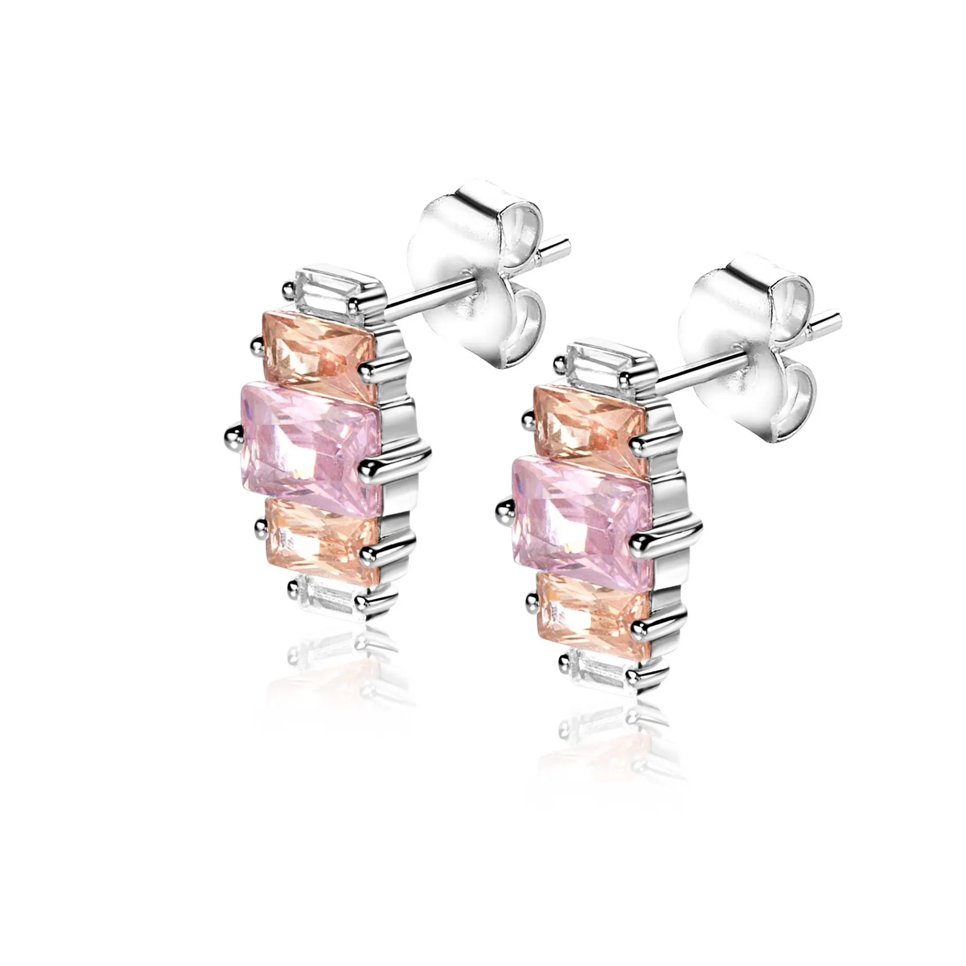 13mm ZINZI zilveren oorstekers baguette geslepen zirconia's wit, champagne en roze ZIO2490