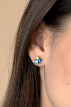 10mm ZINZI zilveren oorstekers rechthoekige vormen, bezet met licht groene en blauwe kleurstenen ZIO2496