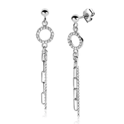 46mm ZINZI zilveren oorstekers met bungelende paperclip en gourmet schakels, bevestigd aan een open rondje bezet met witte zirconia's ZIO2464