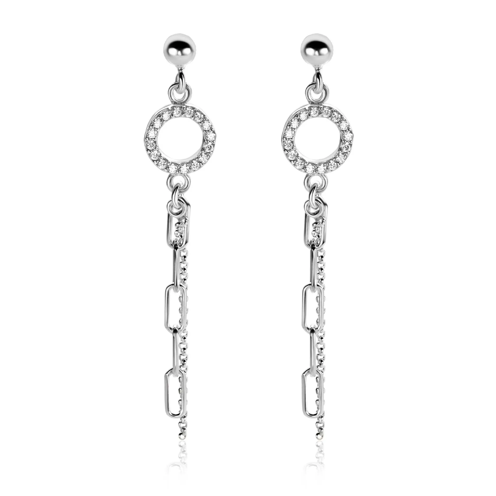 46mm ZINZI zilveren oorstekers met bungelende paperclip en gourmet schakels, bevestigd aan een open rondje bezet met witte zirconia's ZIO2464