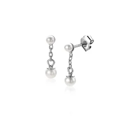 15mm ZINZI zilveren parel oorstekers met schakelkettinkje en ronde witte glasparel van 4mm ZIO2623