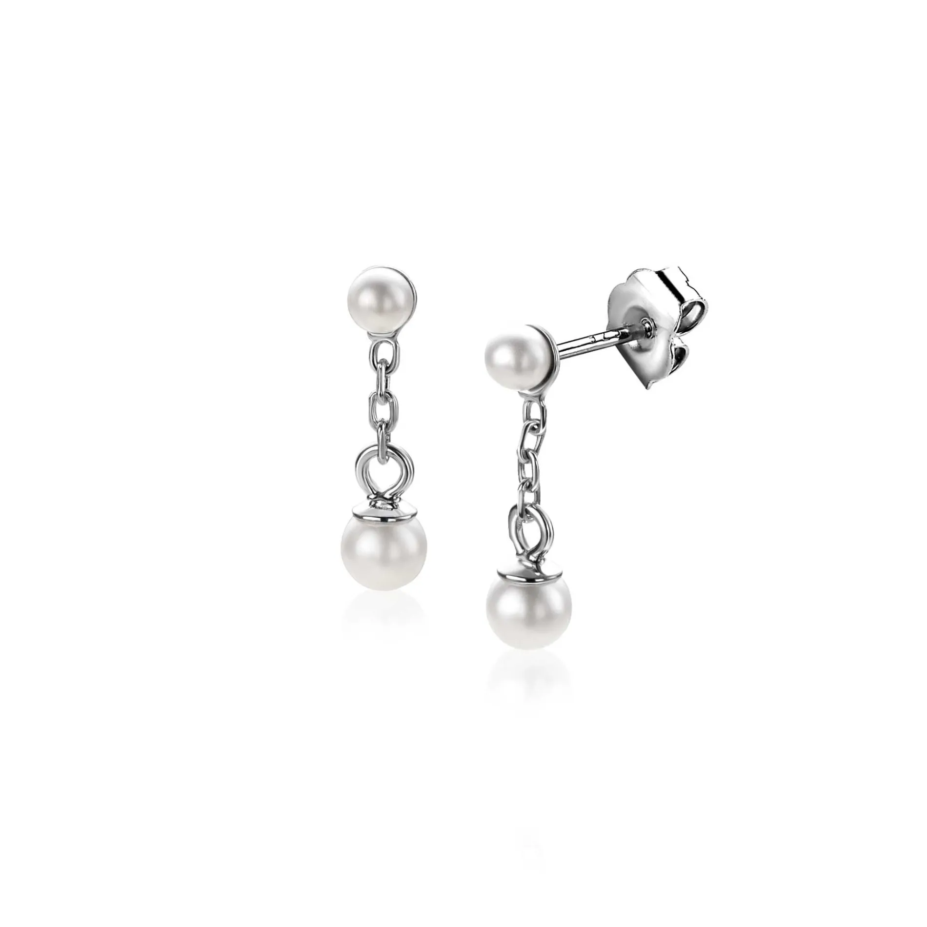 15mm ZINZI zilveren parel oorstekers met schakelkettinkje en ronde witte glasparel van 4mm ZIO2623