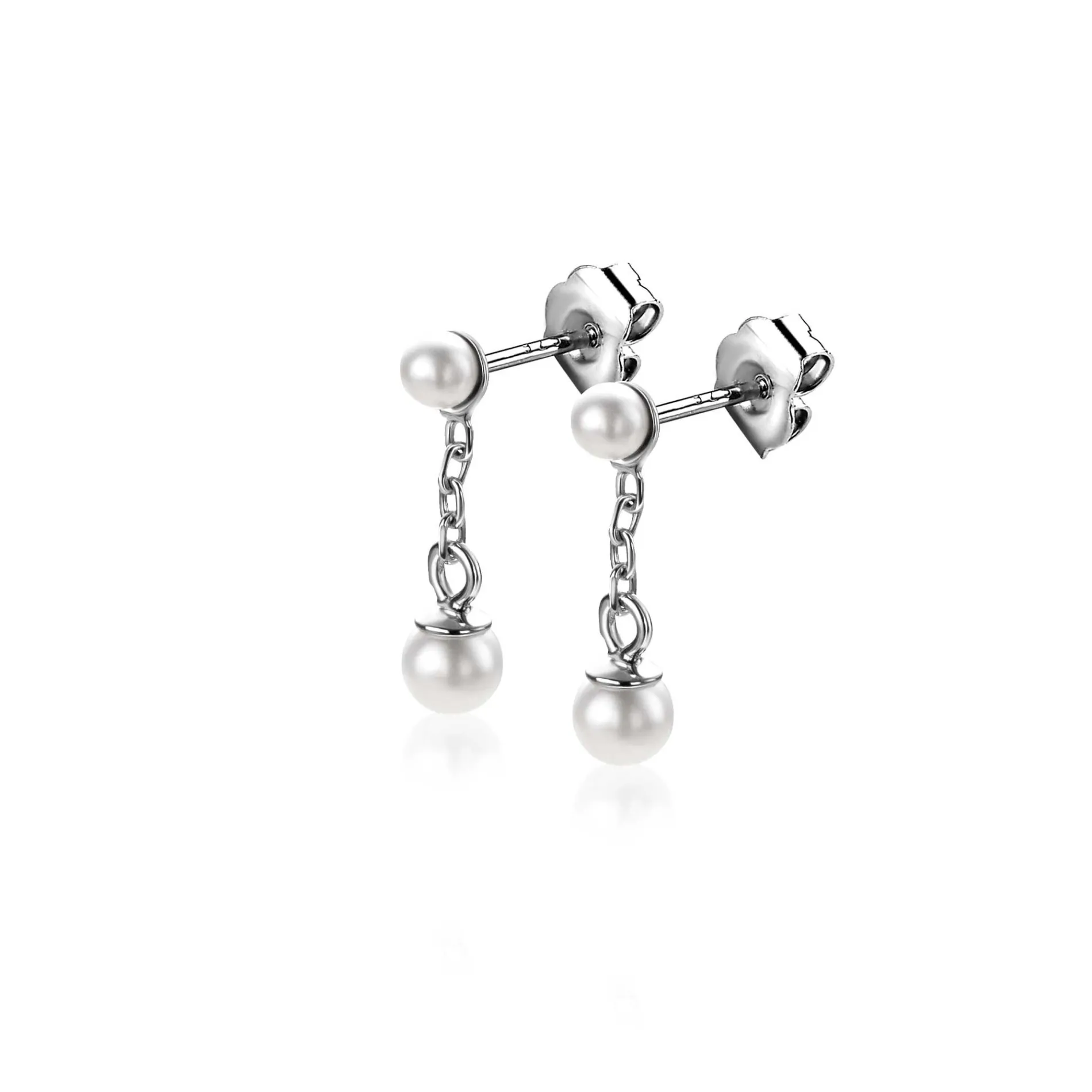 15mm ZINZI zilveren parel oorstekers met schakelkettinkje en ronde witte glasparel van 4mm ZIO2623