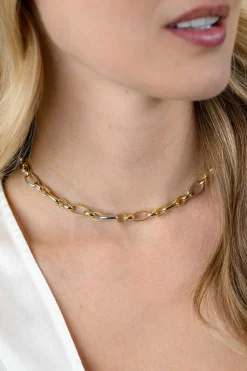 ZINZI bicolor schakelketting (7mm breed) met afwisselend gold plated jasseron schakels en grote zilveren ovale schakels 45cm ZIC2639