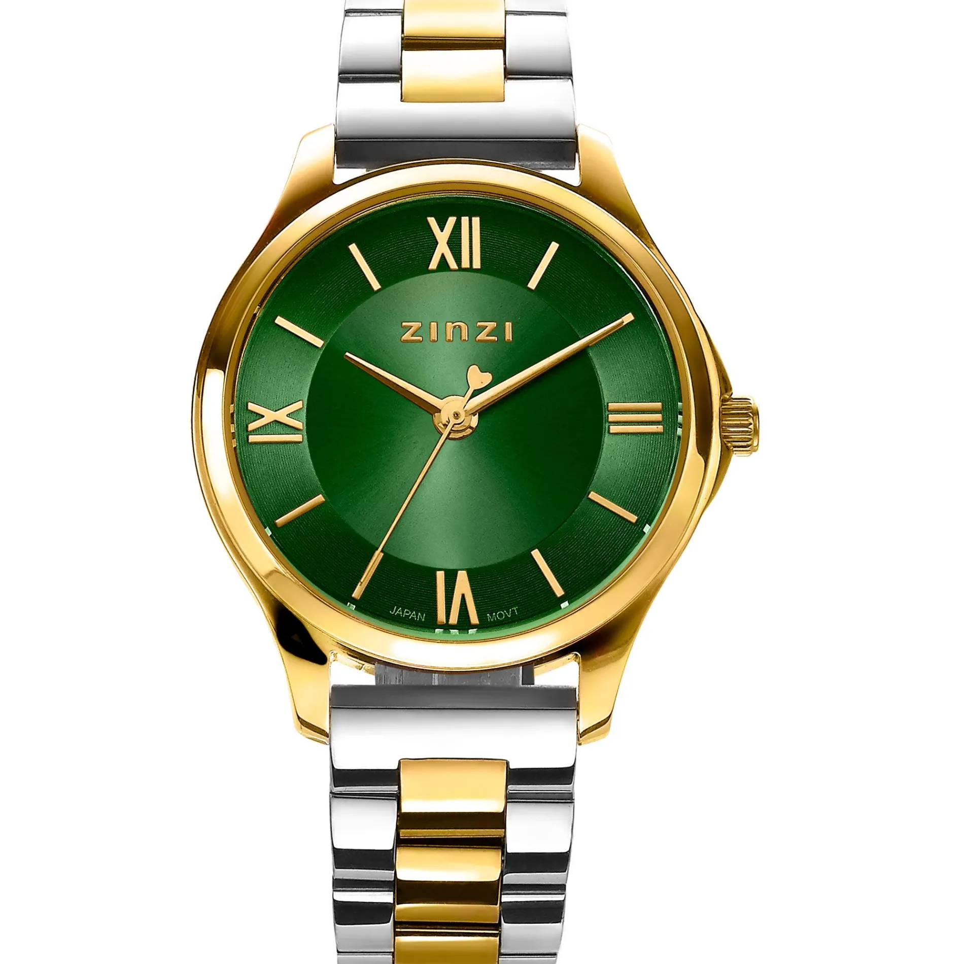ZINZI Classy Mini horloge 30mm groene wijzerplaat goudkleurige stalen kast en bicolor band ziw1235