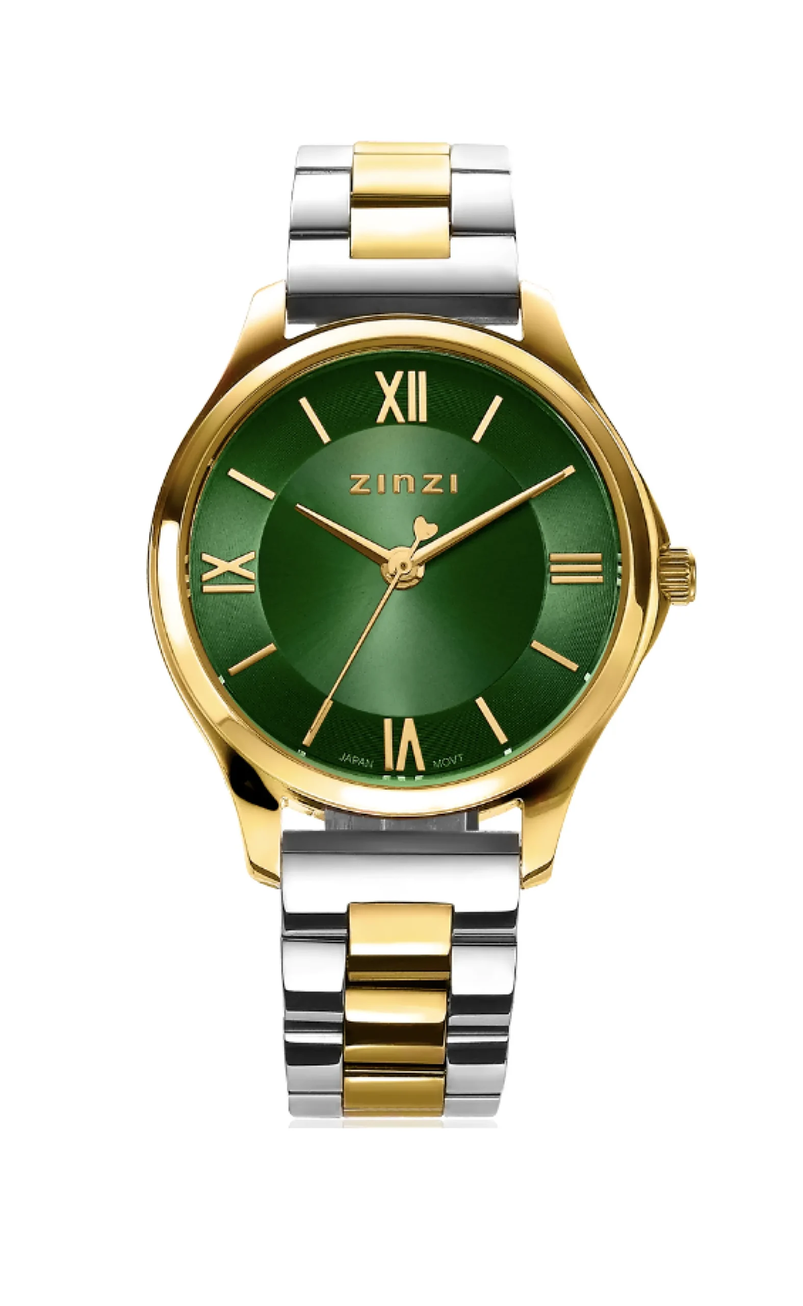 ZINZI Classy Mini horloge 30mm groene wijzerplaat goudkleurige stalen kast en bicolor band ziw1235