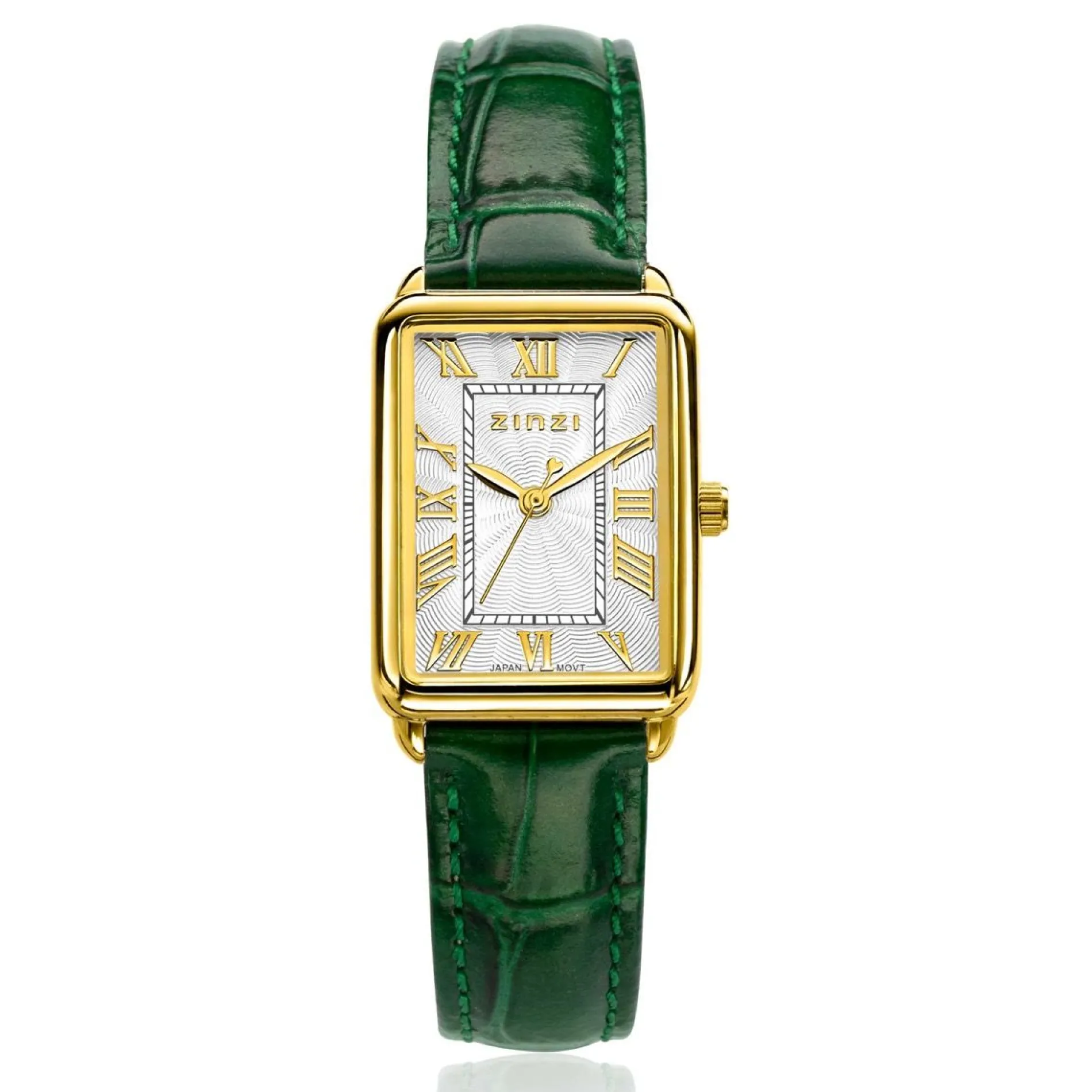 ZINZI Elegance bicolor horloge witte wijzerplaat en rechthoekige goudkleurige kast en groene leren band 28mm extra dun ZIW1907G