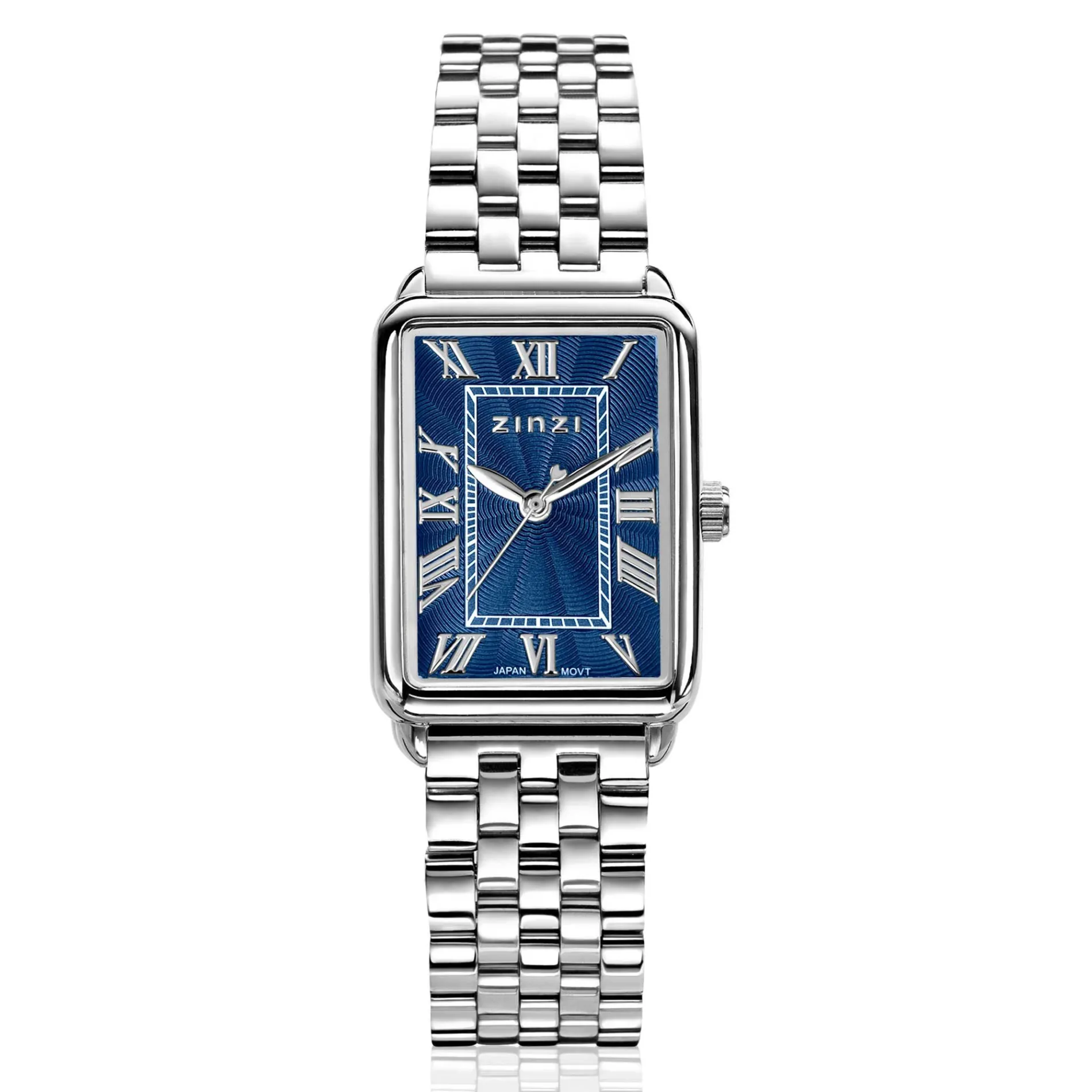 ZINZI Elegance horloge blauwe wijzerplaat en rechthoekige kast stalen schakelband 28mm extra dun ZIW1955