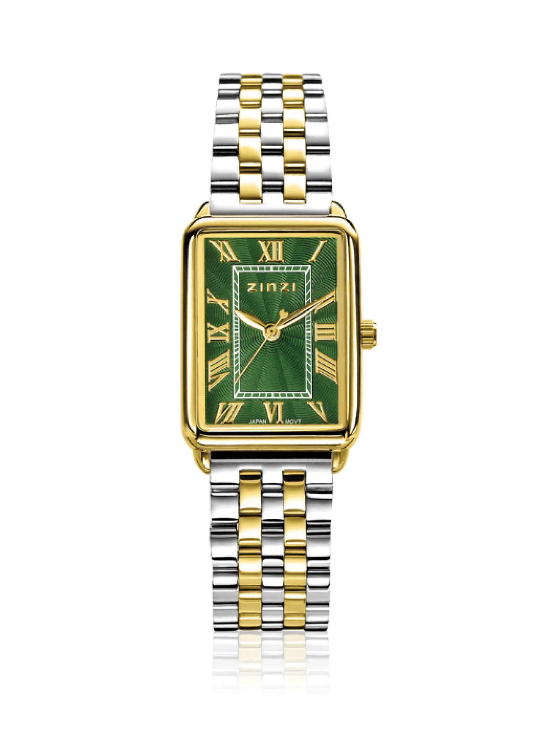 ZINZI Elegance horloge groene wijzerplaat en rechthoekige kast stalen bicolor schakelband 28mm extra dun ZIW1935