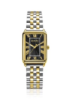 ZINZI Elegance horloge zwarte wijzerplaat en rechthoekige kast stalen bicolor schakelband 28mm extra dun ZIW1943