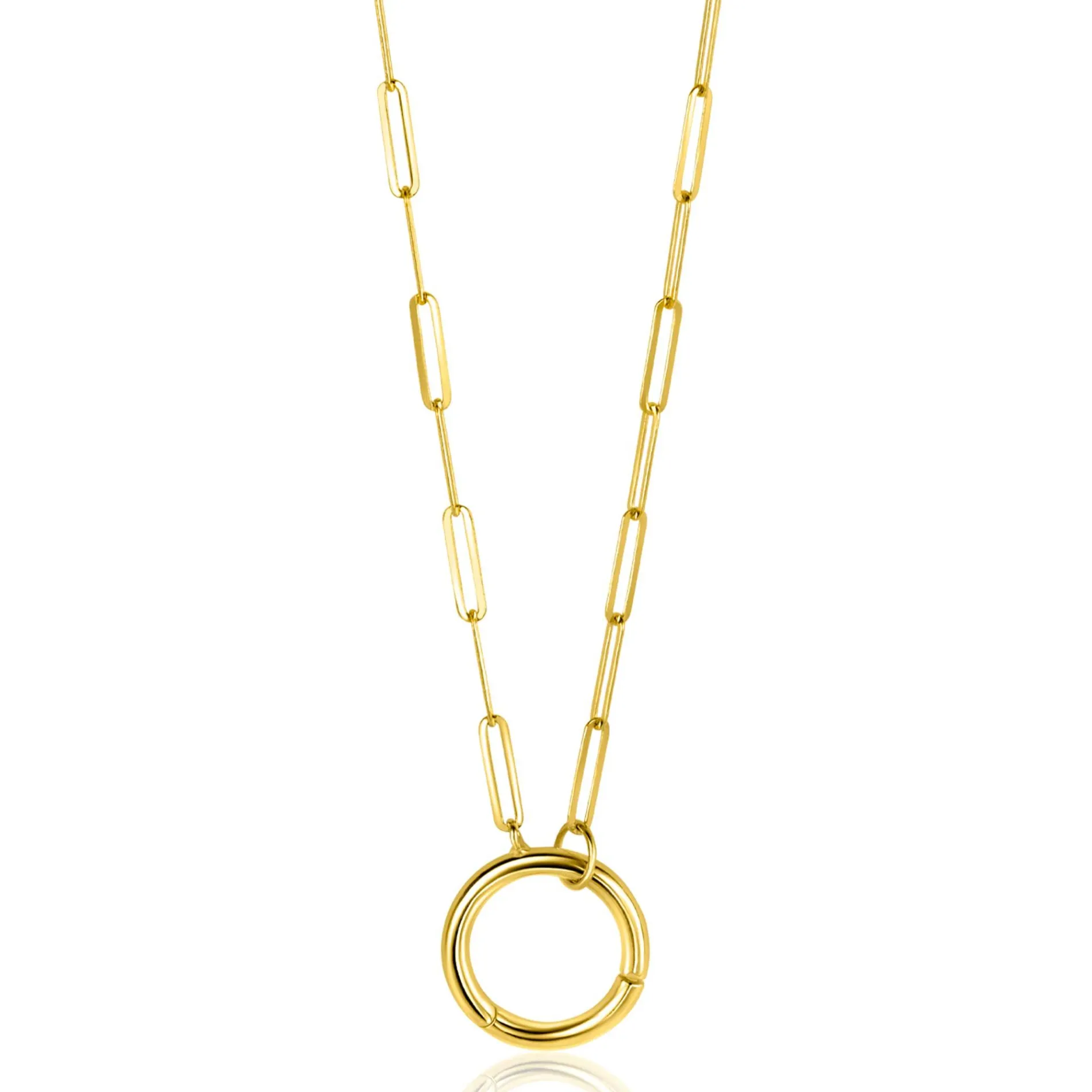 ZINZI Gold 14 karaat gouden paperclip collier met opvallende ronde voorsluiting, waaraan je hangertjes kunt hangen 45cm ZGC493