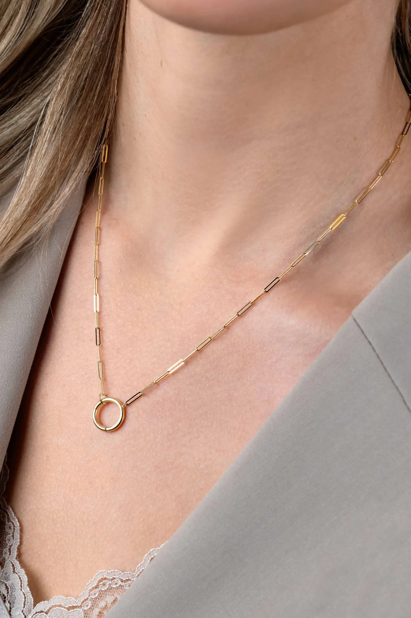 ZINZI Gold 14 karaat gouden paperclip collier met opvallende ronde voorsluiting, waaraan je hangertjes kunt hangen 45cm ZGC493