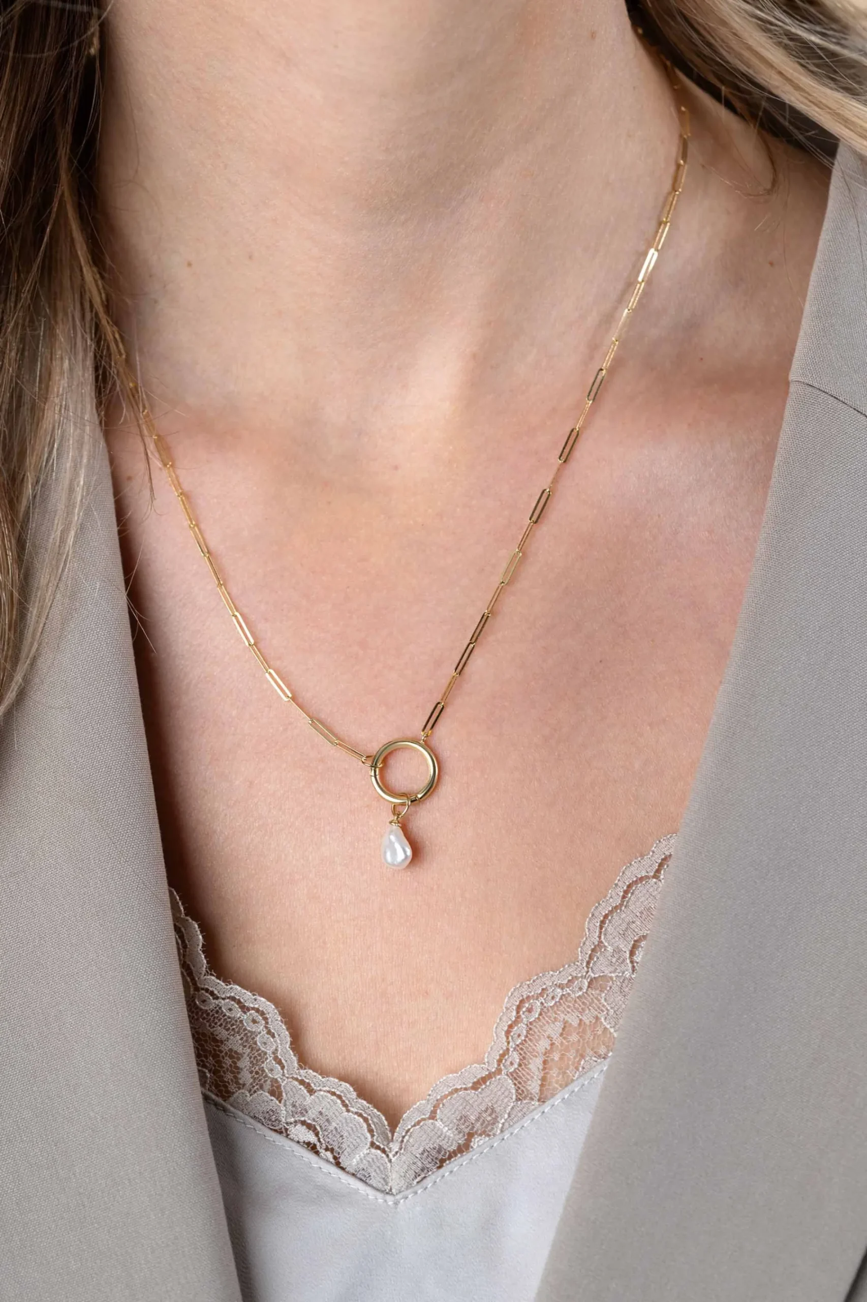 ZINZI Gold 14 karaat gouden paperclip collier met opvallende ronde voorsluiting, waaraan je hangertjes kunt hangen 45cm ZGC493