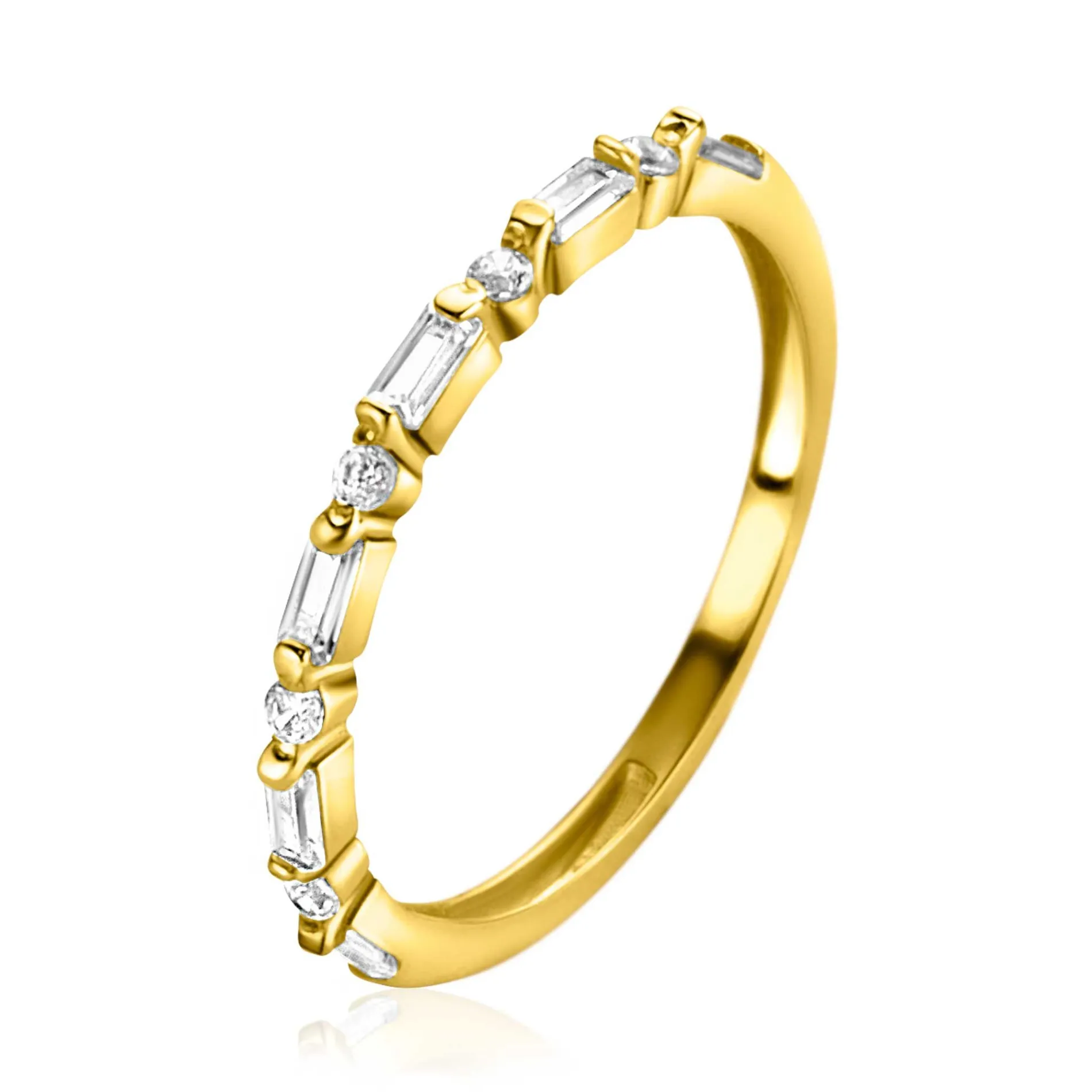 ZINZI Gold 14 karaat gouden ring 1,7mm breed, afwisselend bezet met baquette geslepen zirconia's en ronde witte zirconia's ZGR403