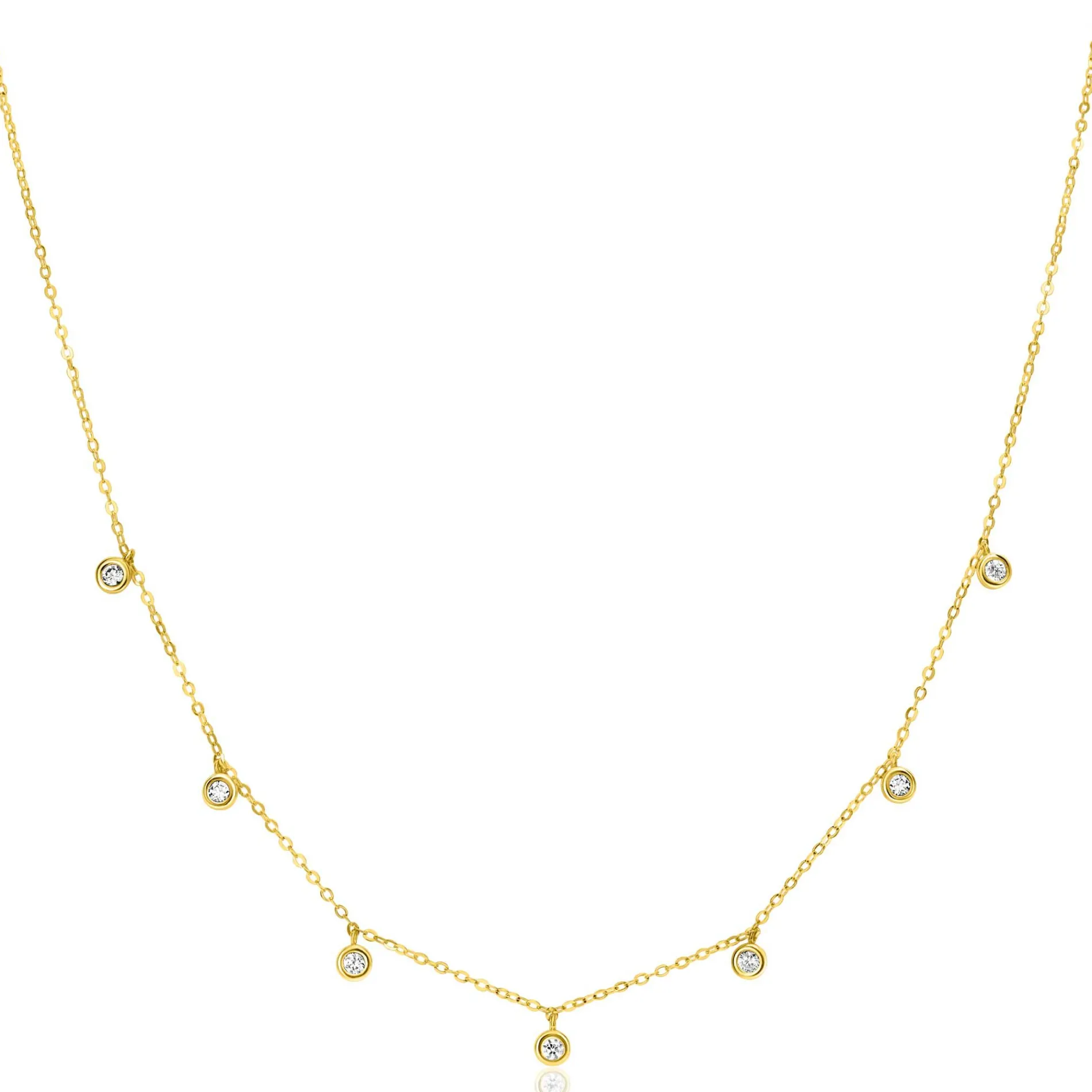 ZINZI Gold 14 krt gouden anker ketting met zeven ronde hangertjes, bezet met witte zirconia's 40-43cm ZGC451