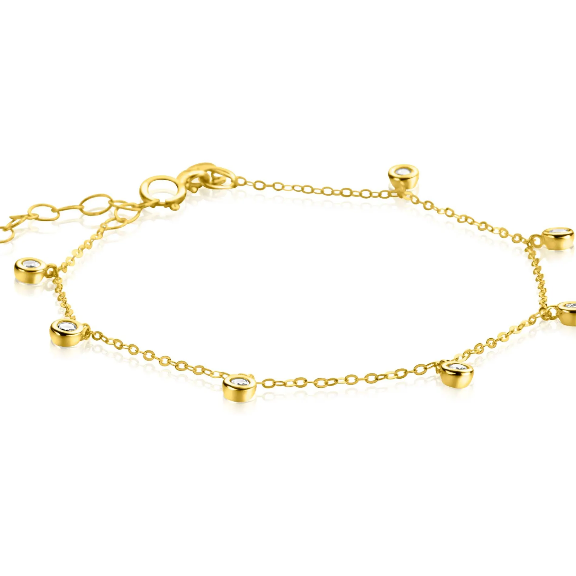 ZINZI Gold 14 krt gouden armband met zeven ronde hangertjes, bezet met witte zirconia's 15,5-18,5cm ZGA451