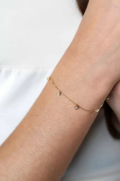 ZINZI Gold 14 krt gouden armband met zeven ronde hangertjes, bezet met witte zirconia's 15,5-18,5cm ZGA451