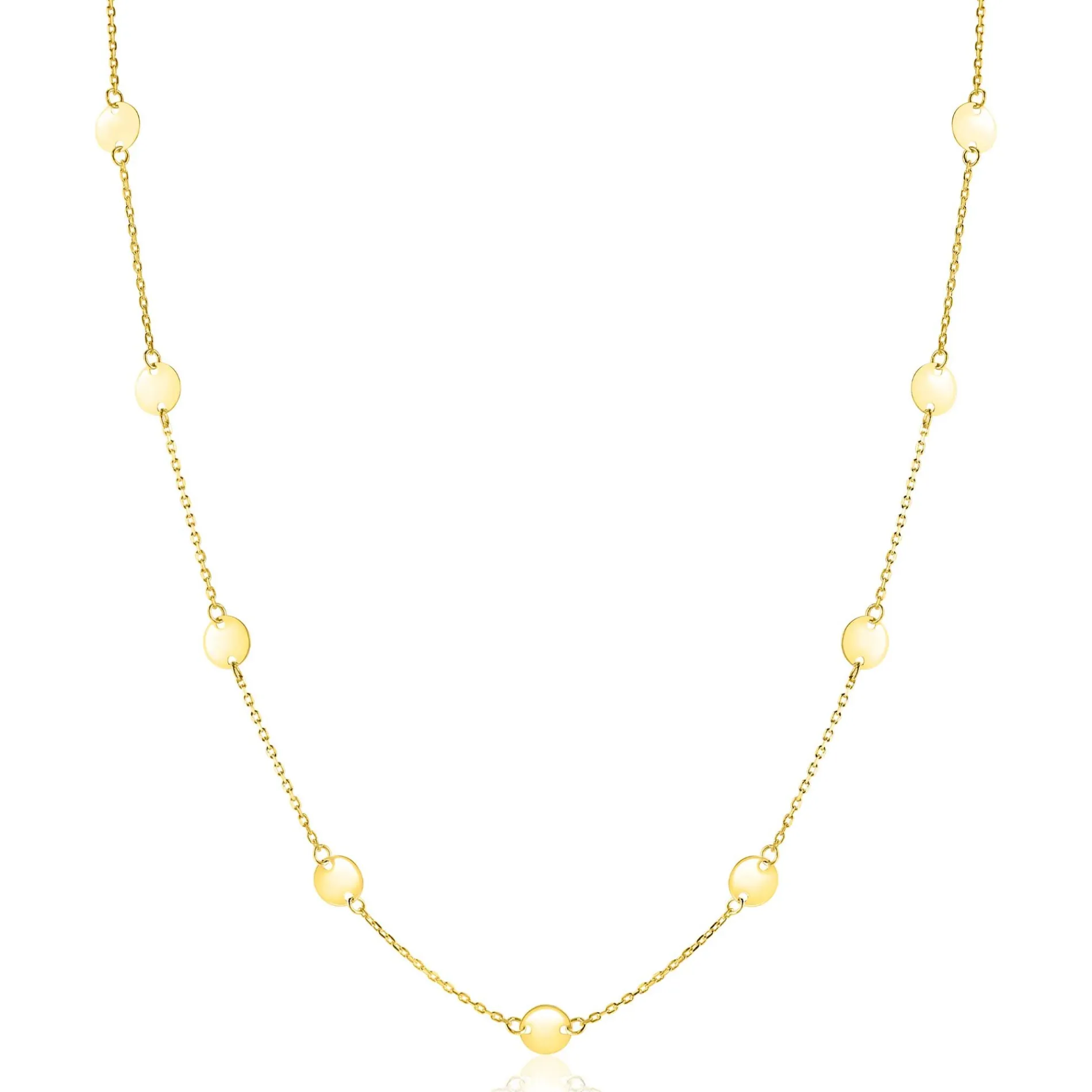 ZINZI Gold 14 krt gouden ketting met subtiele jasseron schakels en negen ronde gladde plaatjes 5mm breed 42-45cm ZGC503