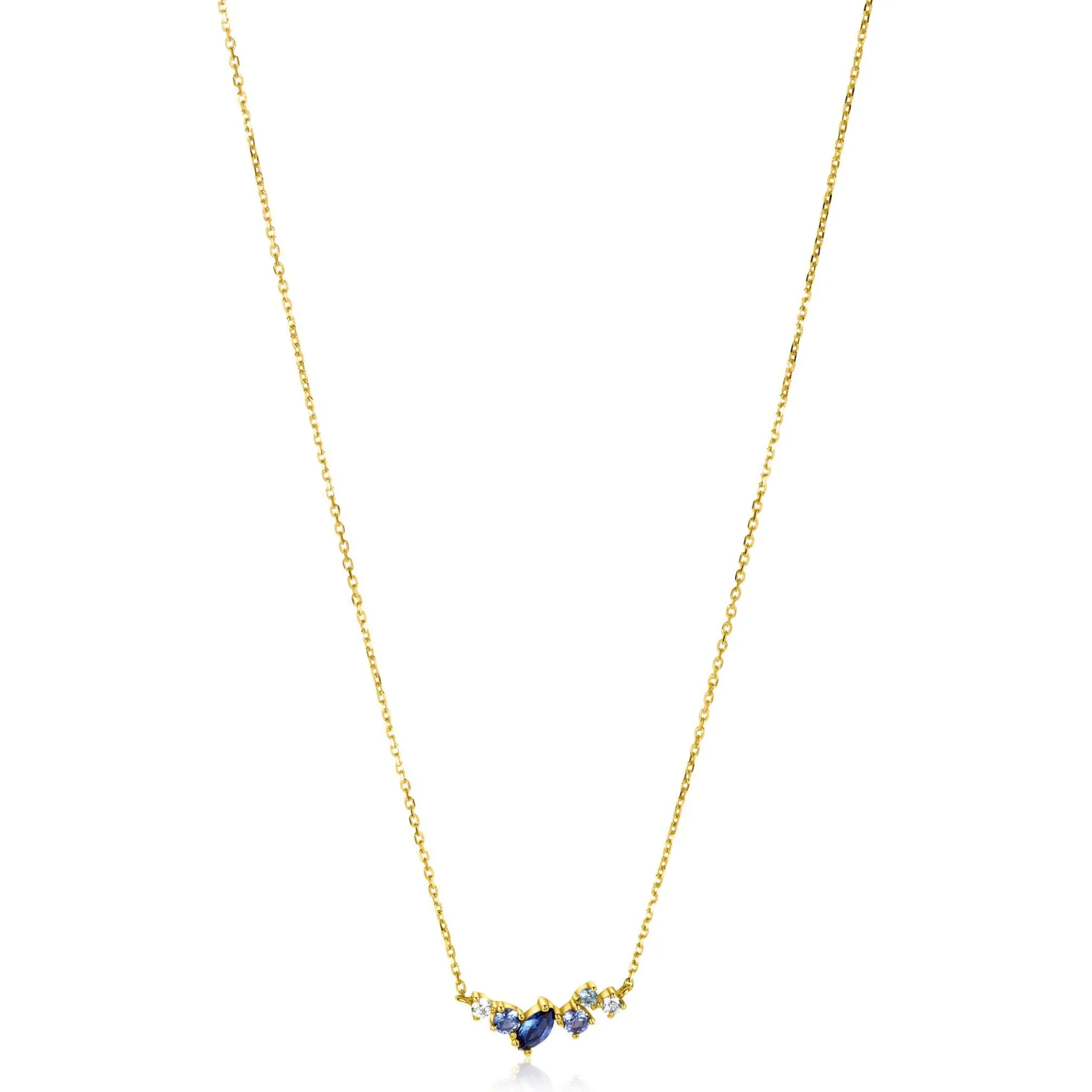 ZINZI Gold 14 krt gouden ketting 45cm, in het midden bezet met fijne witte, lichtblauwe en donkerblauwe zirconia's ZGC381