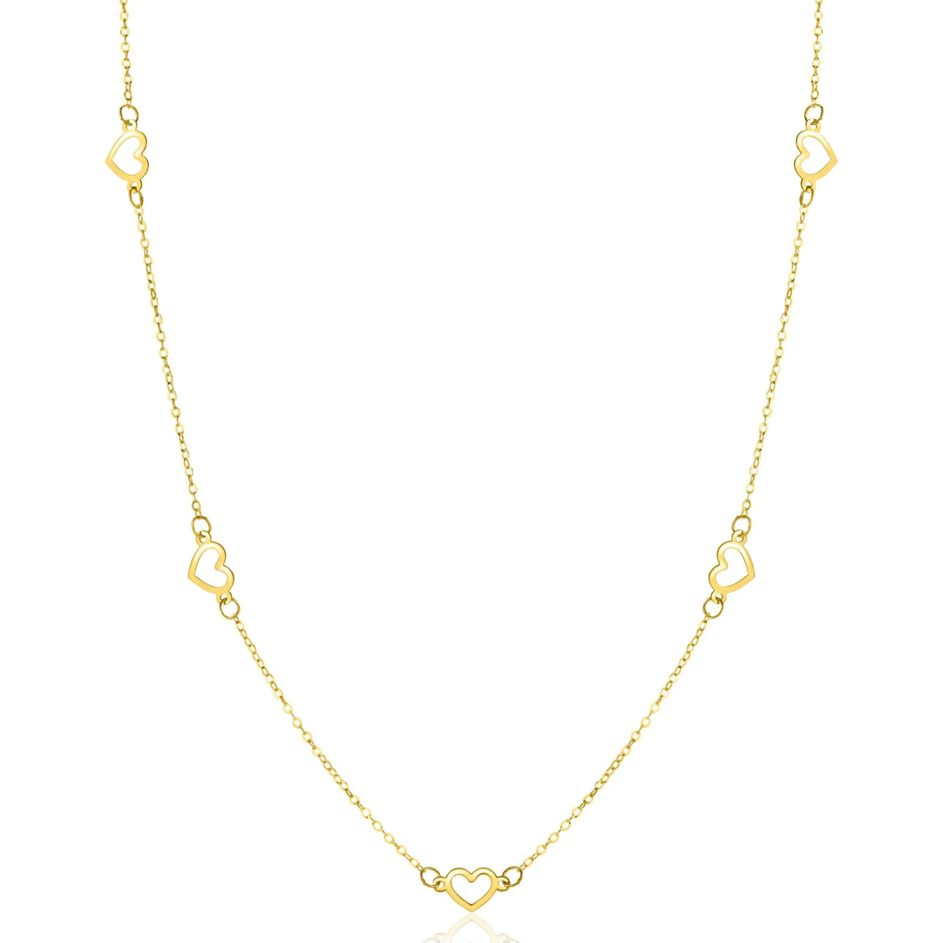 ZINZI Gold 14 krt gouden ketting met subtiele jasseron schakels en vijf open hartjes 5mm breed 42-45cm ZGC504