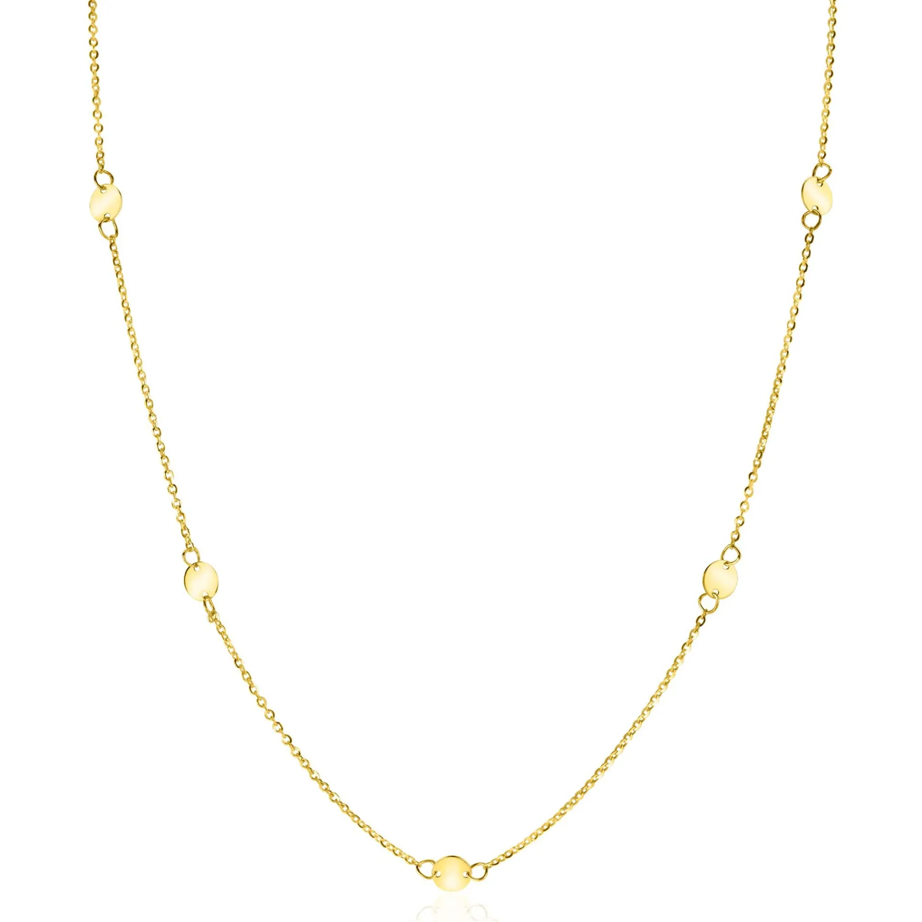 ZINZI Gold 14 krt gouden ketting met subtiele jasseron schakels en zeven ronde gladde plaatjes 5mm breed 42-45cm ZGC444