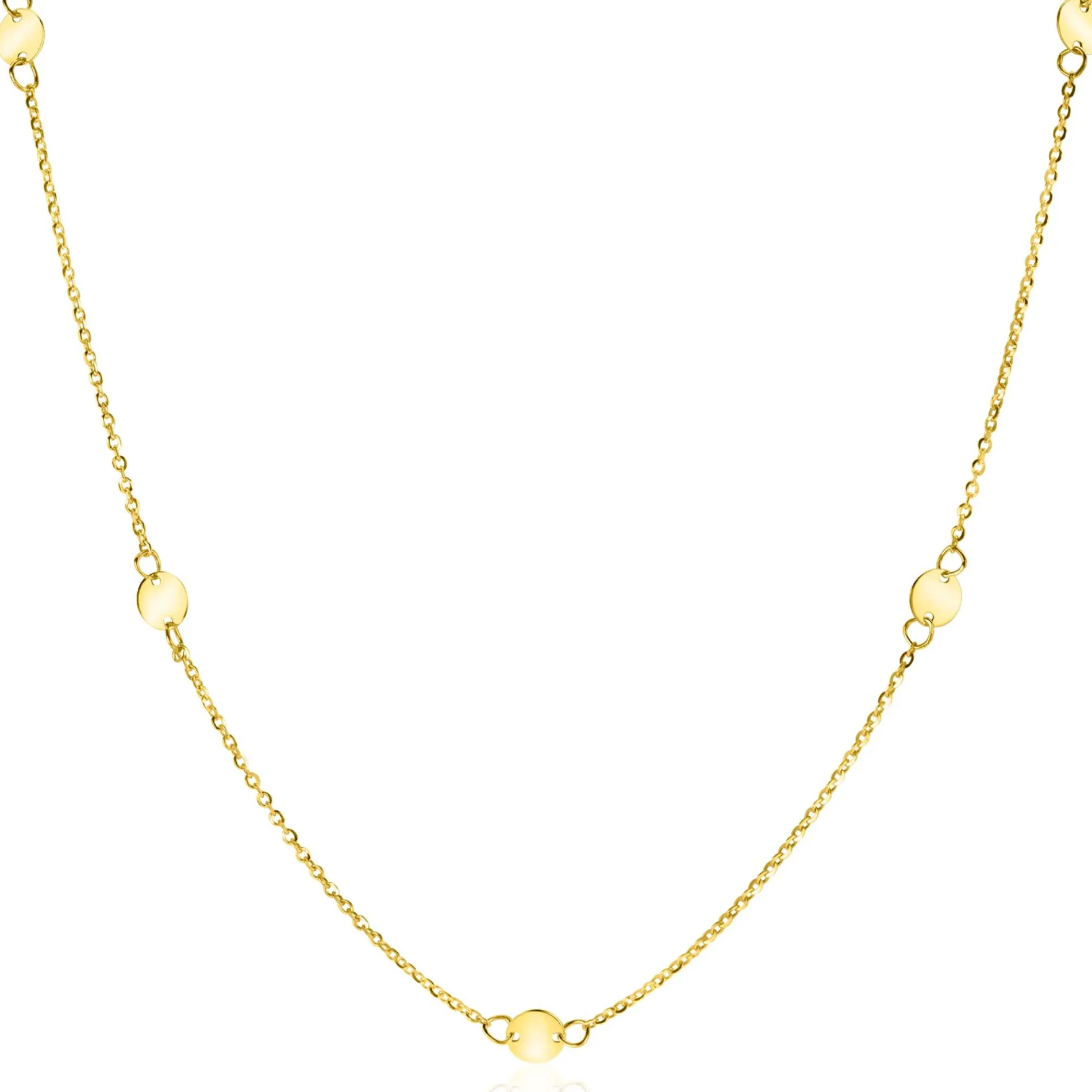 ZINZI Gold 14 krt gouden ketting met subtiele jasseron schakels en zeven ronde gladde plaatjes 5mm breed 42-45cm ZGC444