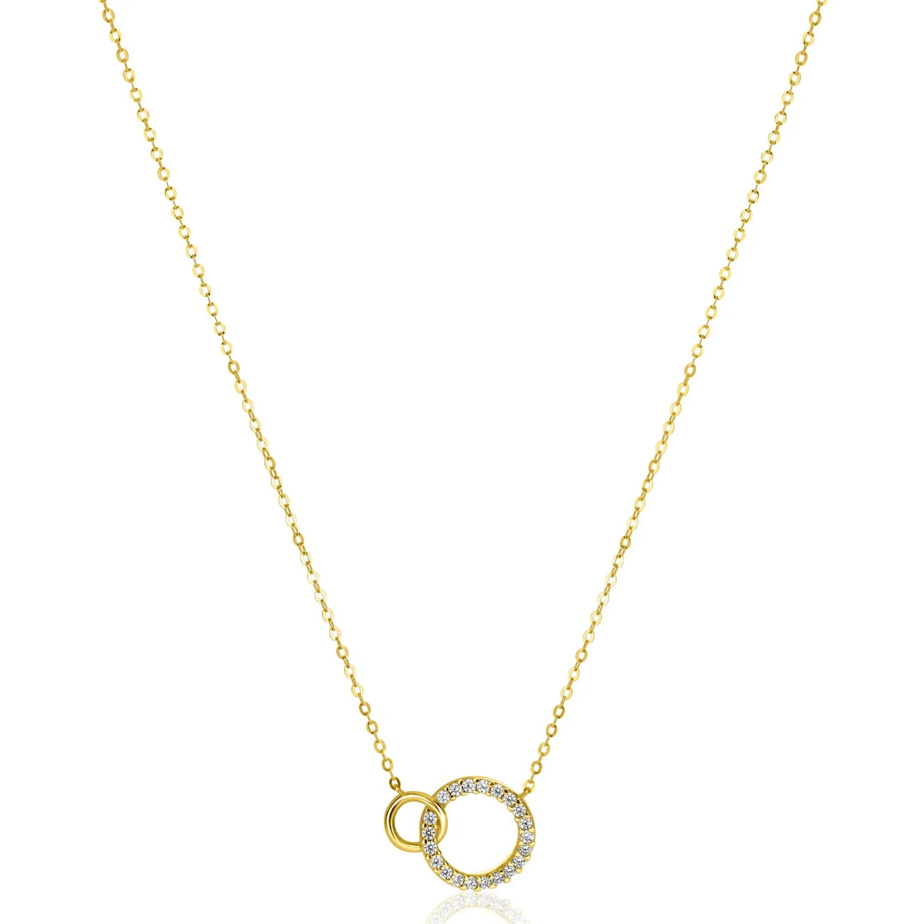 ZINZI Gold 14 krt gouden ketting met twee open rondjes, mooi met elkaar verbonden. Het groter rondje (11mm) is bezet met witte zirconia's 40-43cm ZGC460