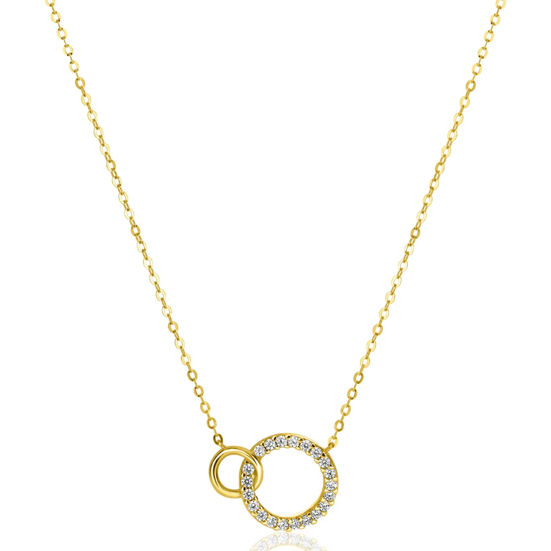 ZINZI Gold 14 krt gouden ketting met twee open rondjes, mooi met elkaar verbonden. Het groter rondje (11mm) is bezet met witte zirconia's 40-43cm ZGC460