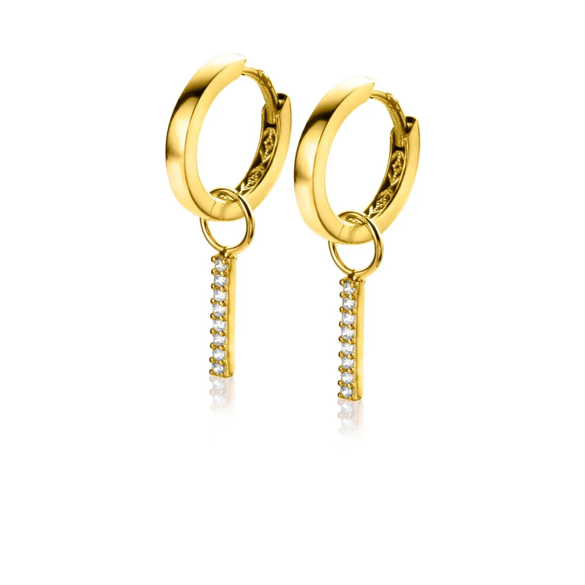 ZINZI Gold 14 krt gouden oorbedels staafje bezet met witte zirconia's 10mm ZGCH387 (zonder oorringen)