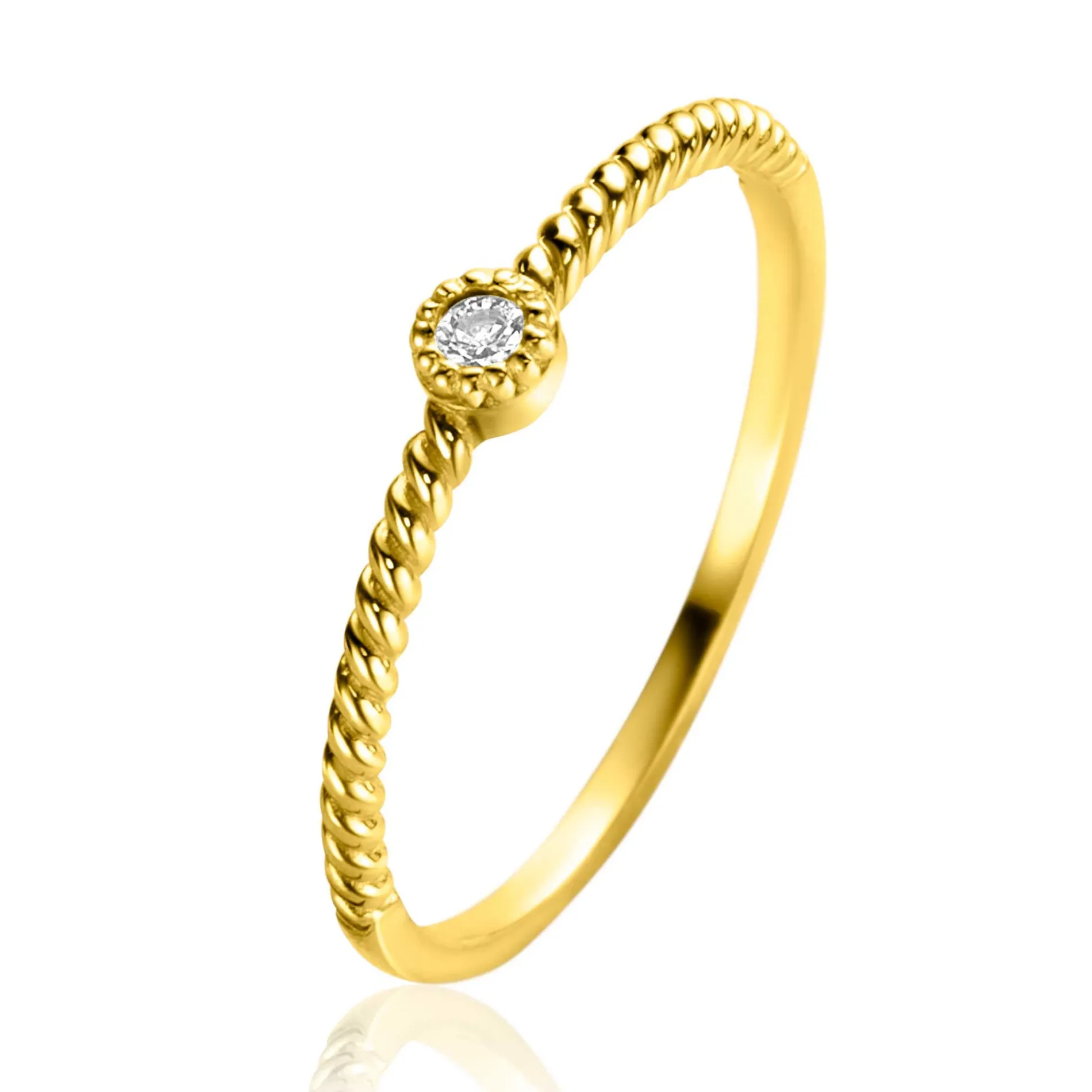 ZINZI Gold 14 krt gouden ring met gedraaide scheen en bezet met een ronde witte zirconia in bolletjes zetting van 3mm ZGR481