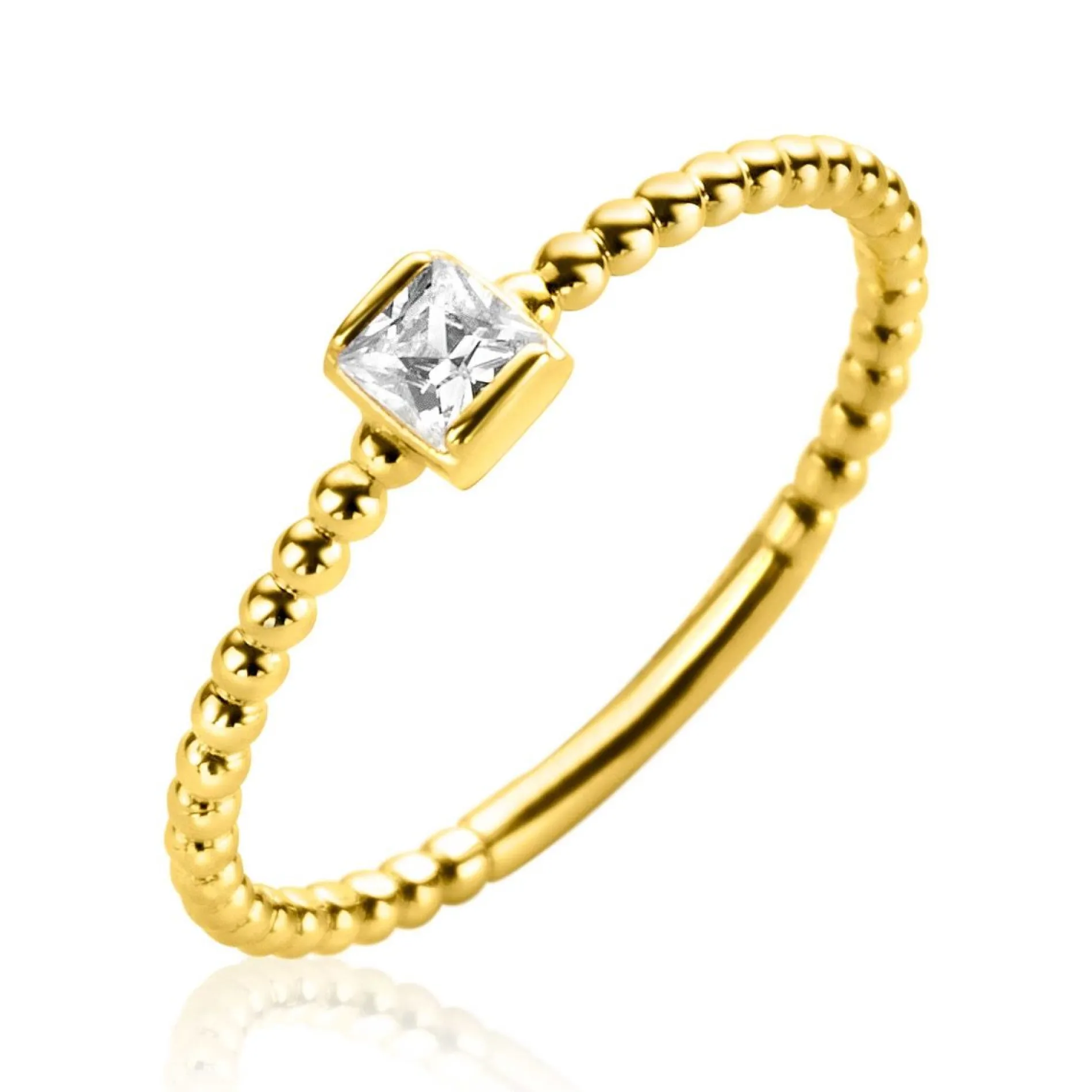 ZINZI Gold 14 krt gouden ring met bolletjes scheen en bezet met een ronde witte zirconia in vierkante zetting van 3,5mm ZGR310
