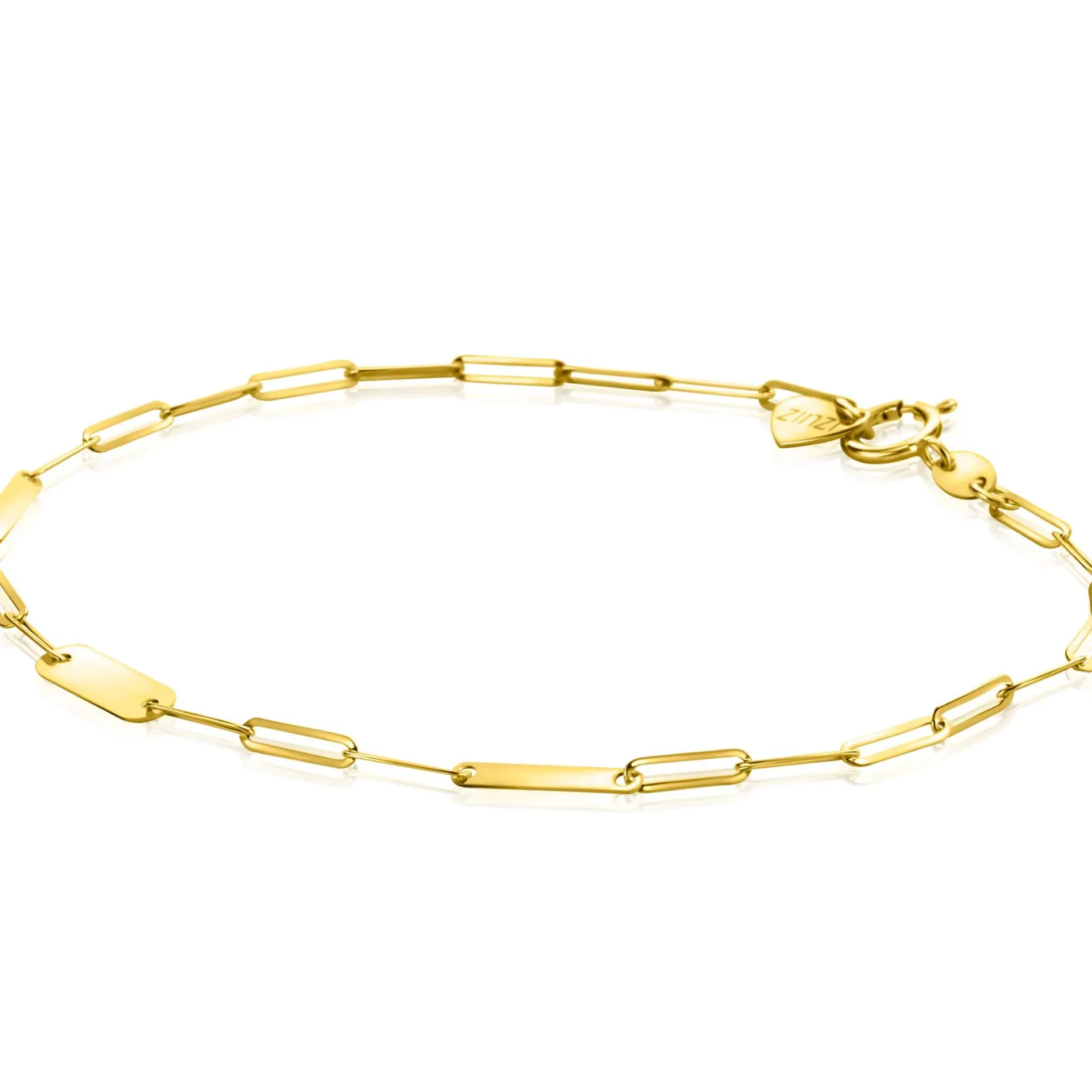 ZINZI Gold 14 krt gouden schakelarmband met paperclip schakels (1,8mm breed) en drie gladde plaatjes 19cm ZGA443