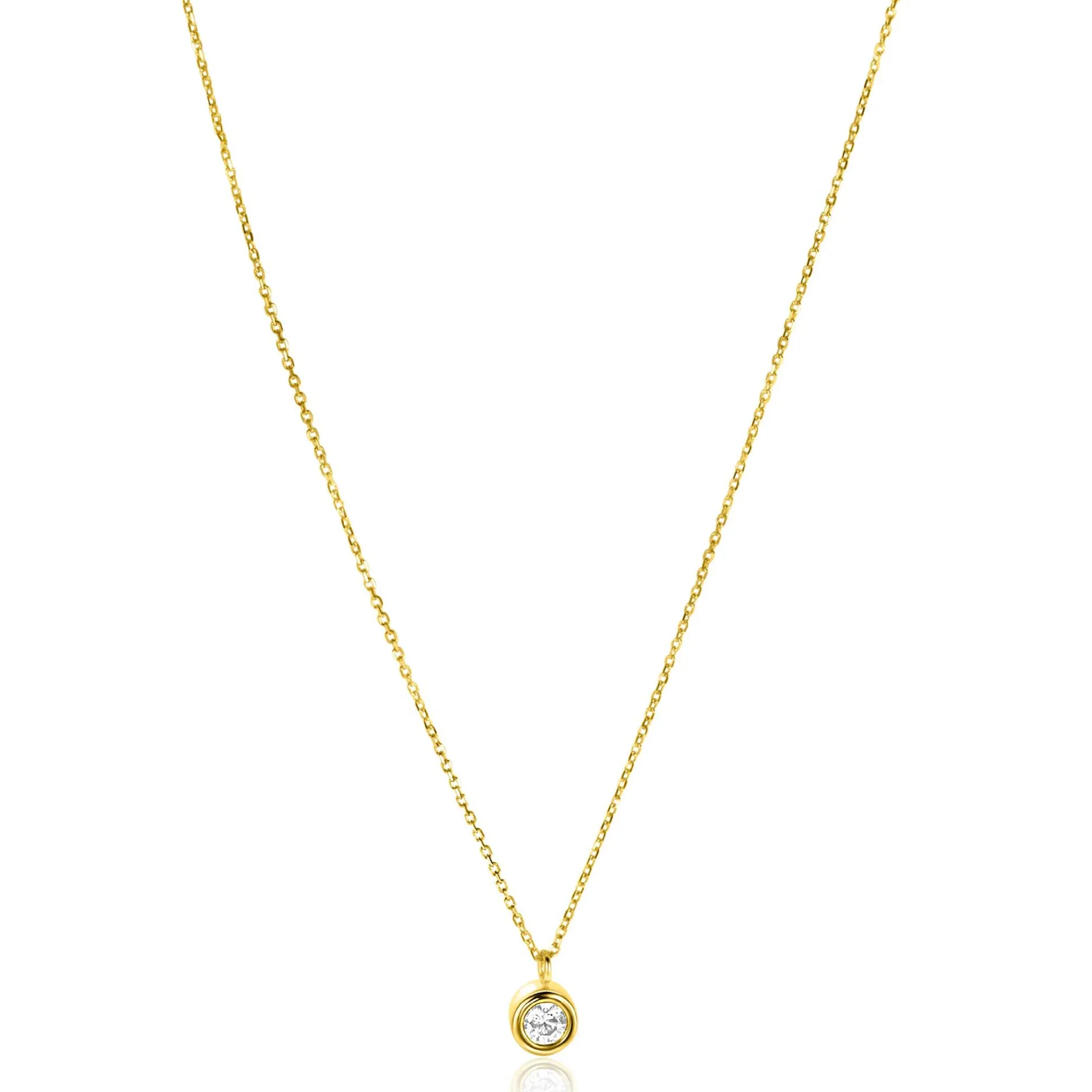 ZINZI Gold 14 krt gouden schakelkettinkje 43cm met sierlijke ronde hanger, bezet met witte zirconia ZGC371