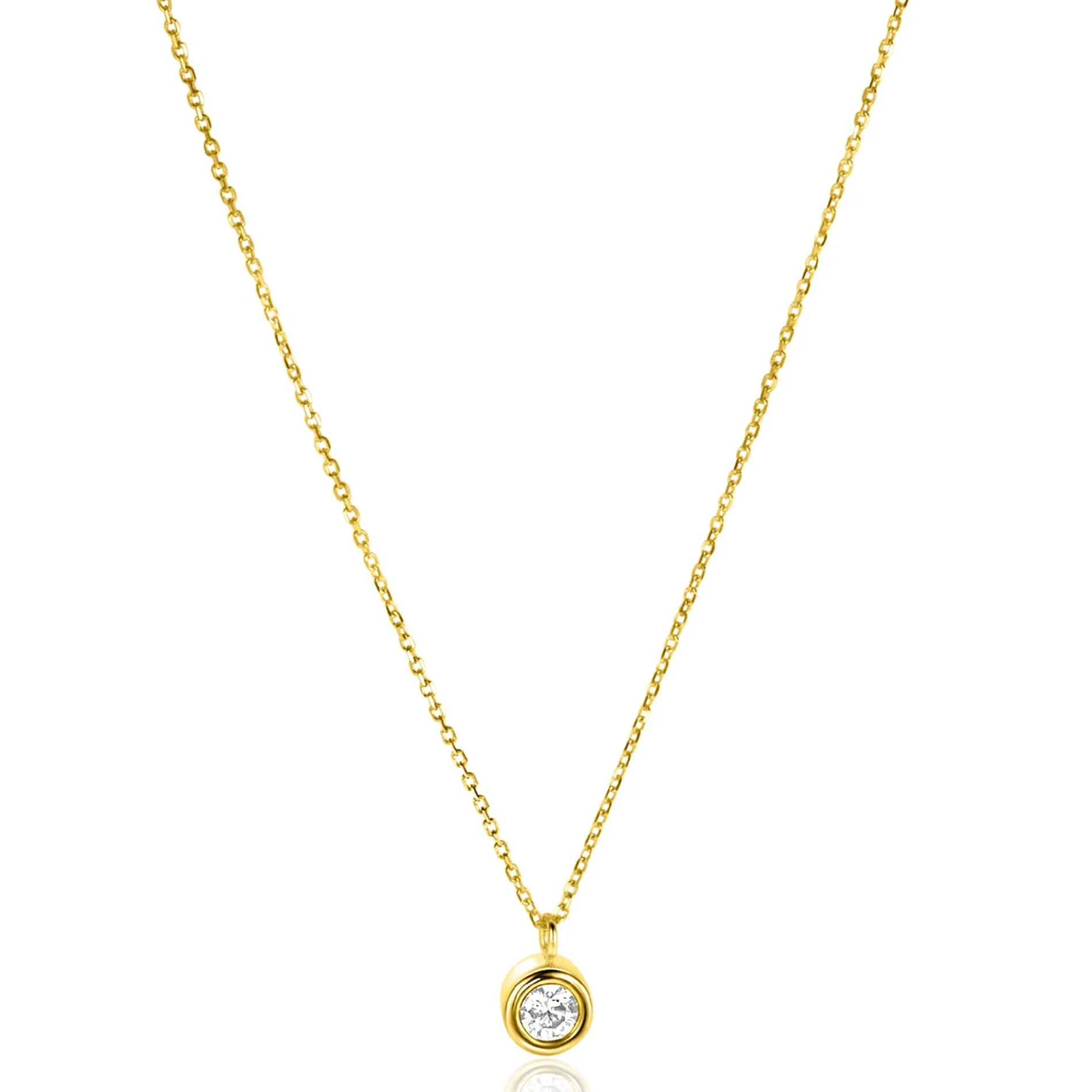 ZINZI Gold 14 krt gouden schakelkettinkje 43cm met sierlijke ronde hanger, bezet met witte zirconia ZGC371