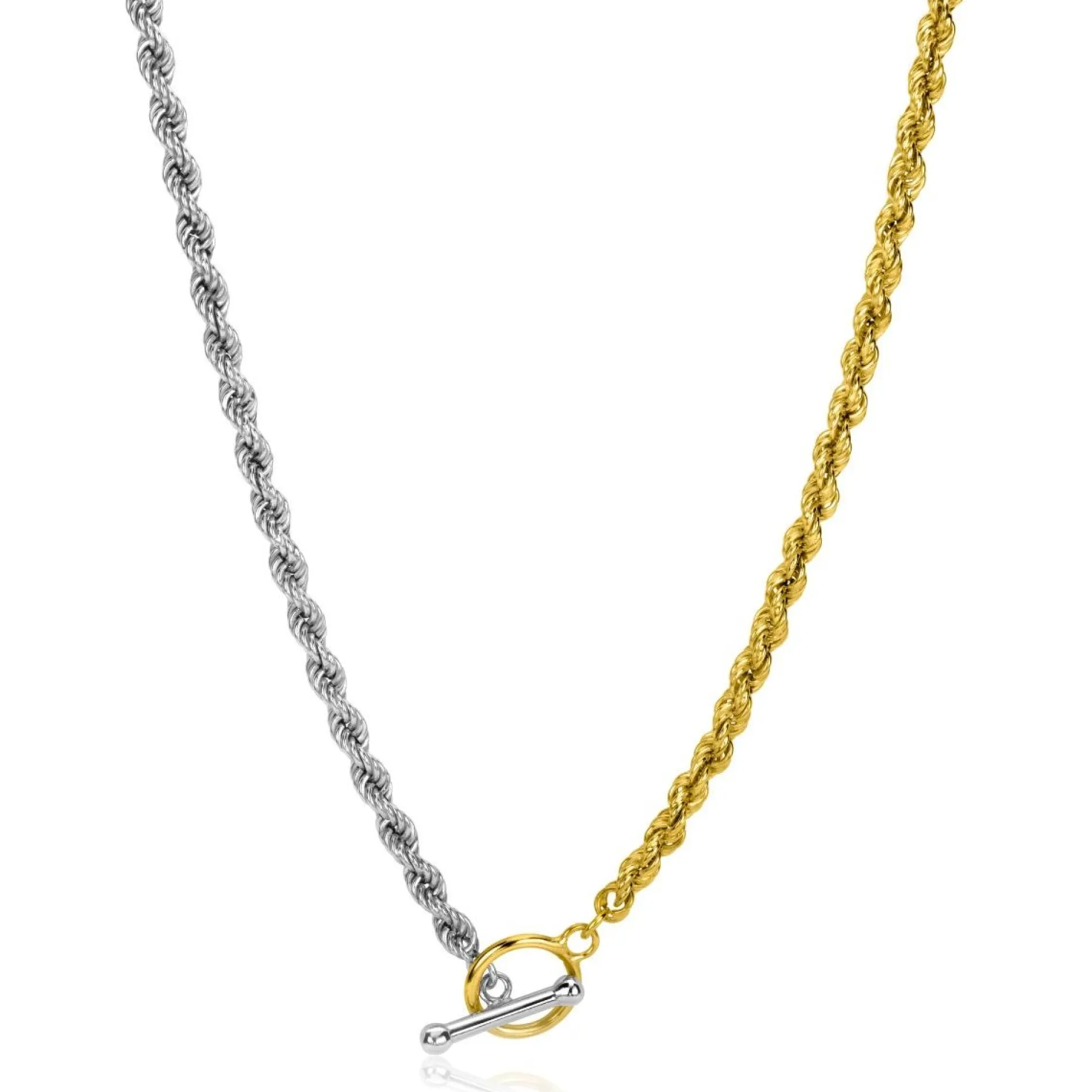 ZINZI gold plated zilveren ketting met 3,7mm brede koord schakel bicolor en trendy kapittel sluiting 42-45cm ZIC2288