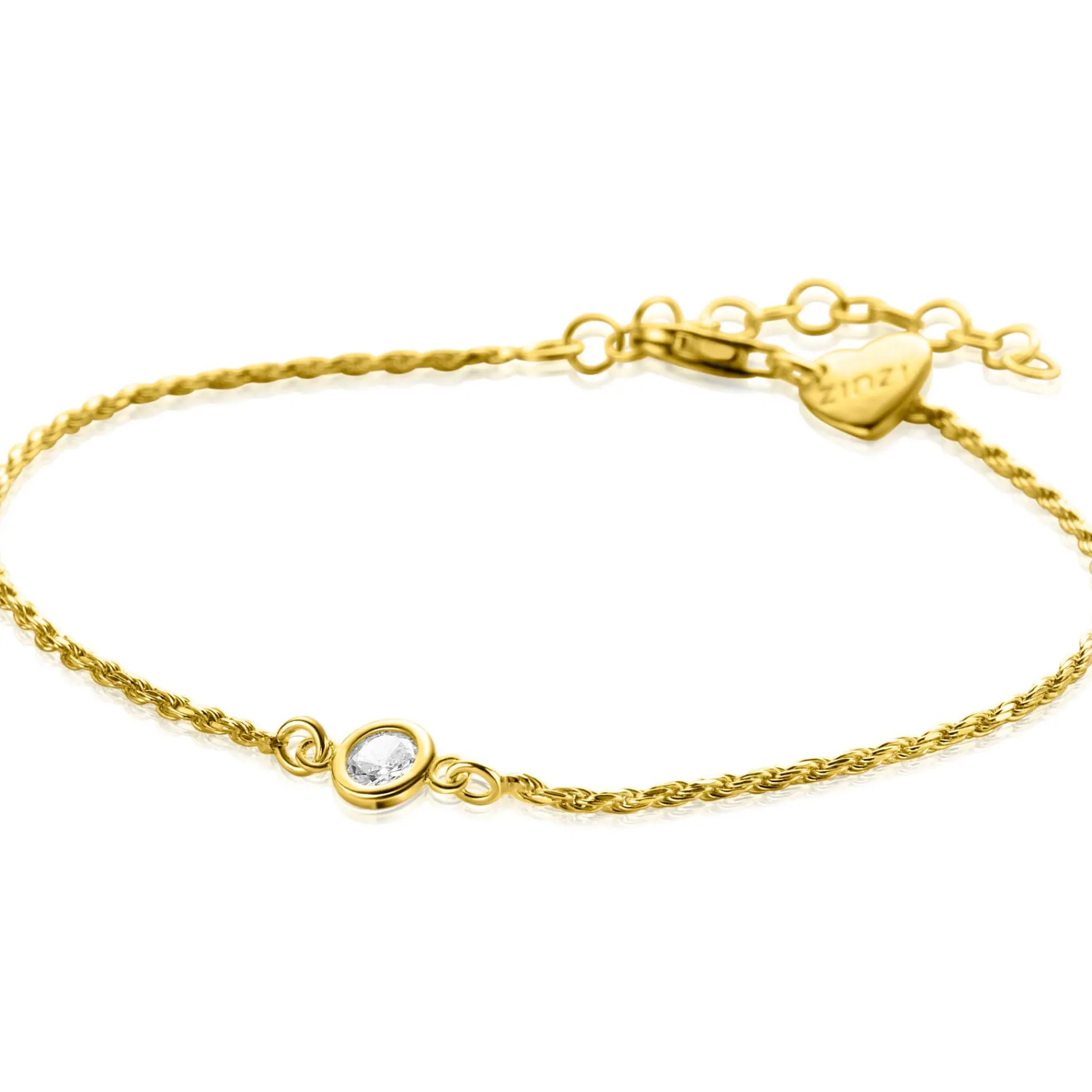 ZINZI gold plated zilveren koord armband bezet met een ronde witte zirconia 17-20cm ZIA2461Y