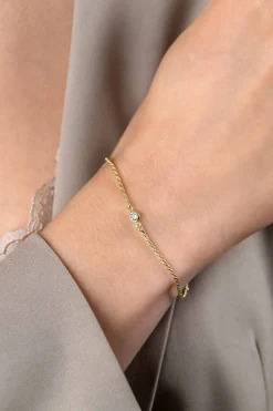 ZINZI gold plated zilveren koord armband bezet met een ronde witte zirconia 17-20cm ZIA2461Y