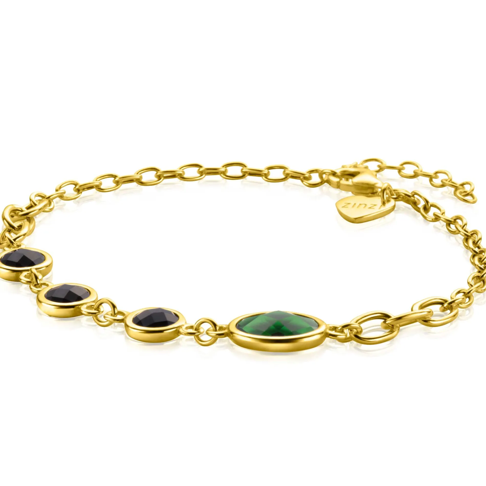 ZINZI gold plated zilveren schakel armband met drie ronde zettingen zwart en ovale zetting groen 17-20 cm ZIA2389