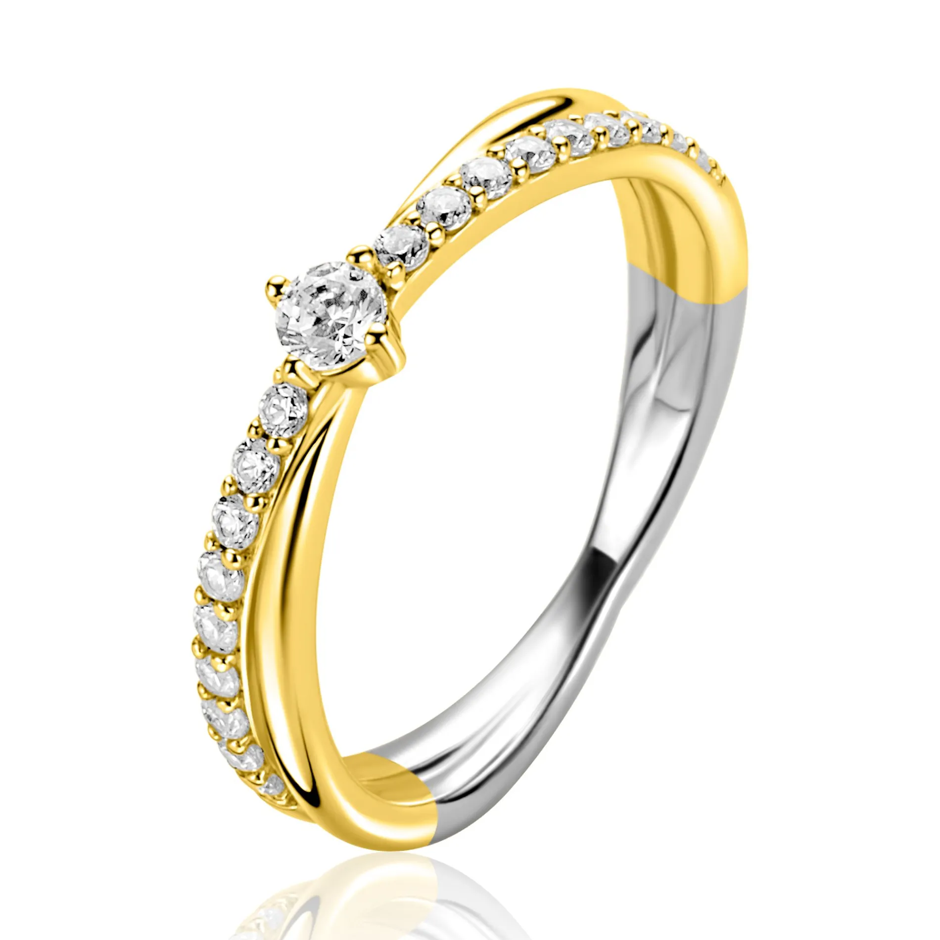 ZINZI gold plated zilveren cross-over ring, bezet met witte zirkonia’s ZIR2725Y